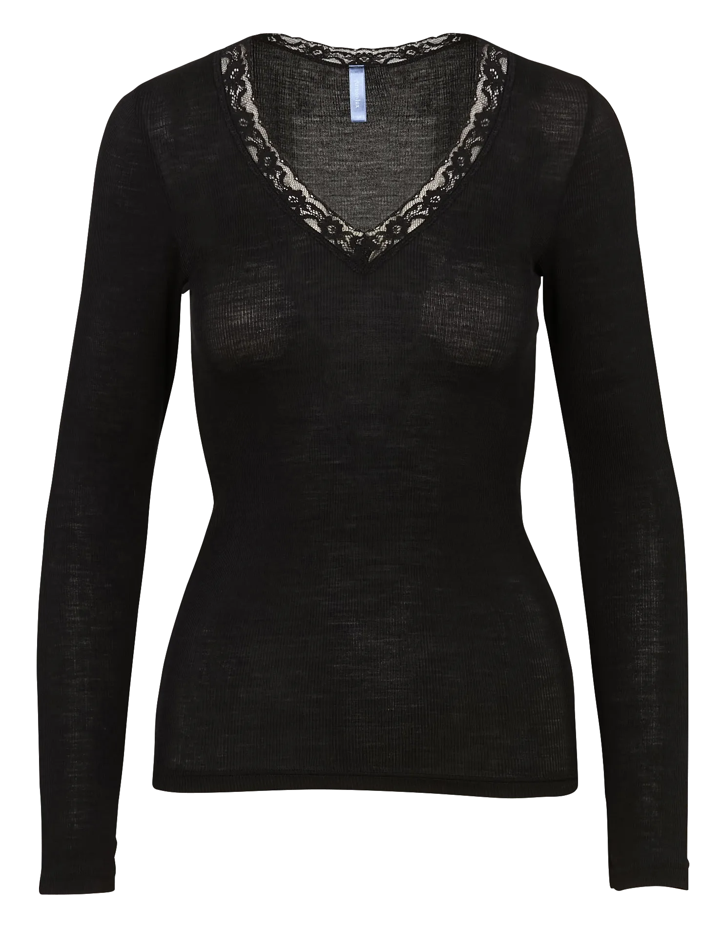 T-Shirt mit V-Ausschnitt und einfarbiger Spitze Schwarz