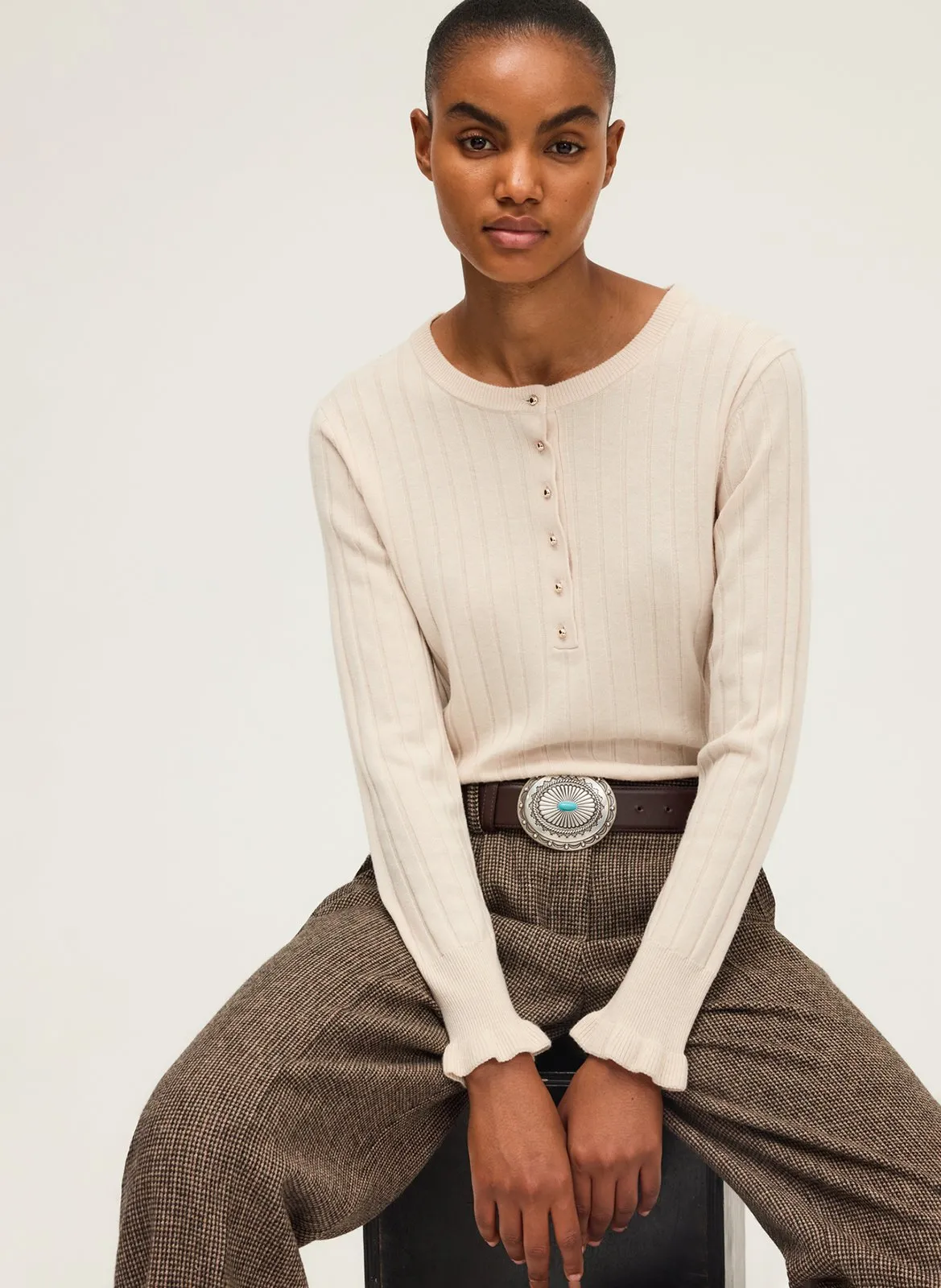 Gerade geschnittener Pullover aus Wollmix mit Rundhalsausschnitt Beige EDORA