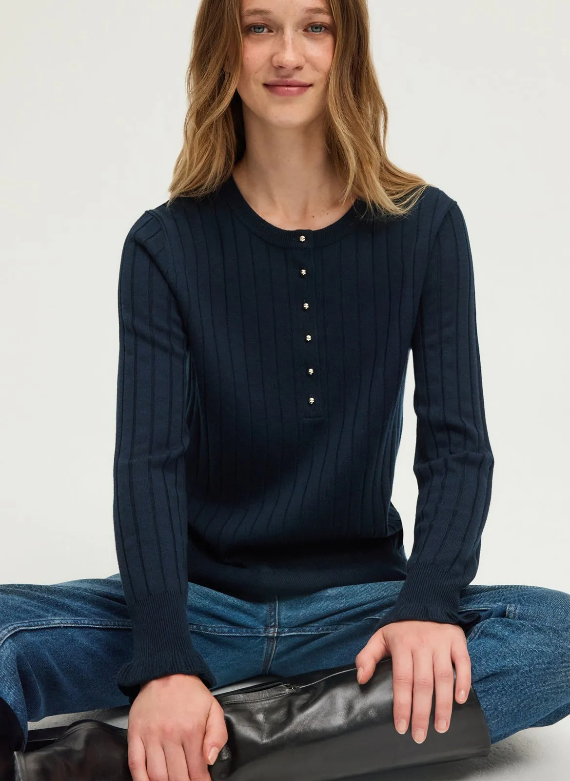 Gerade geschnittener Pullover aus Wollmix mit Rundhalsausschnitt Blau EDORA