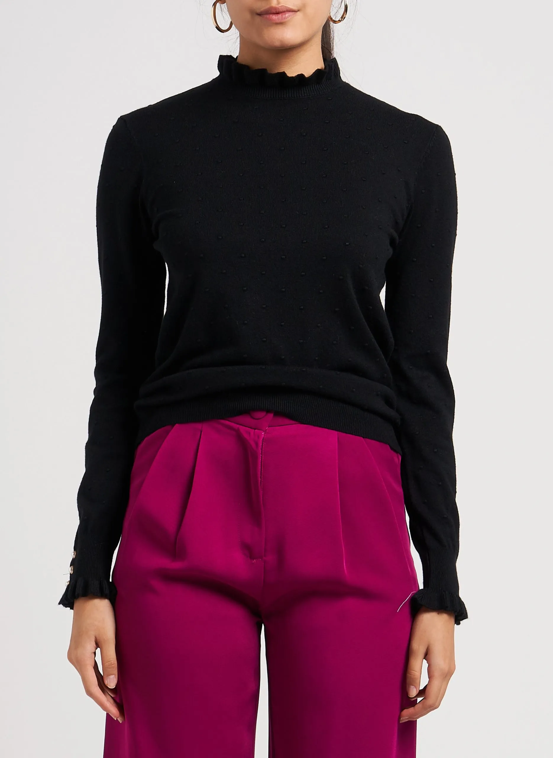 Jacquard-Rundhalspullover mit Rüschen Schwarz SOLFERINO