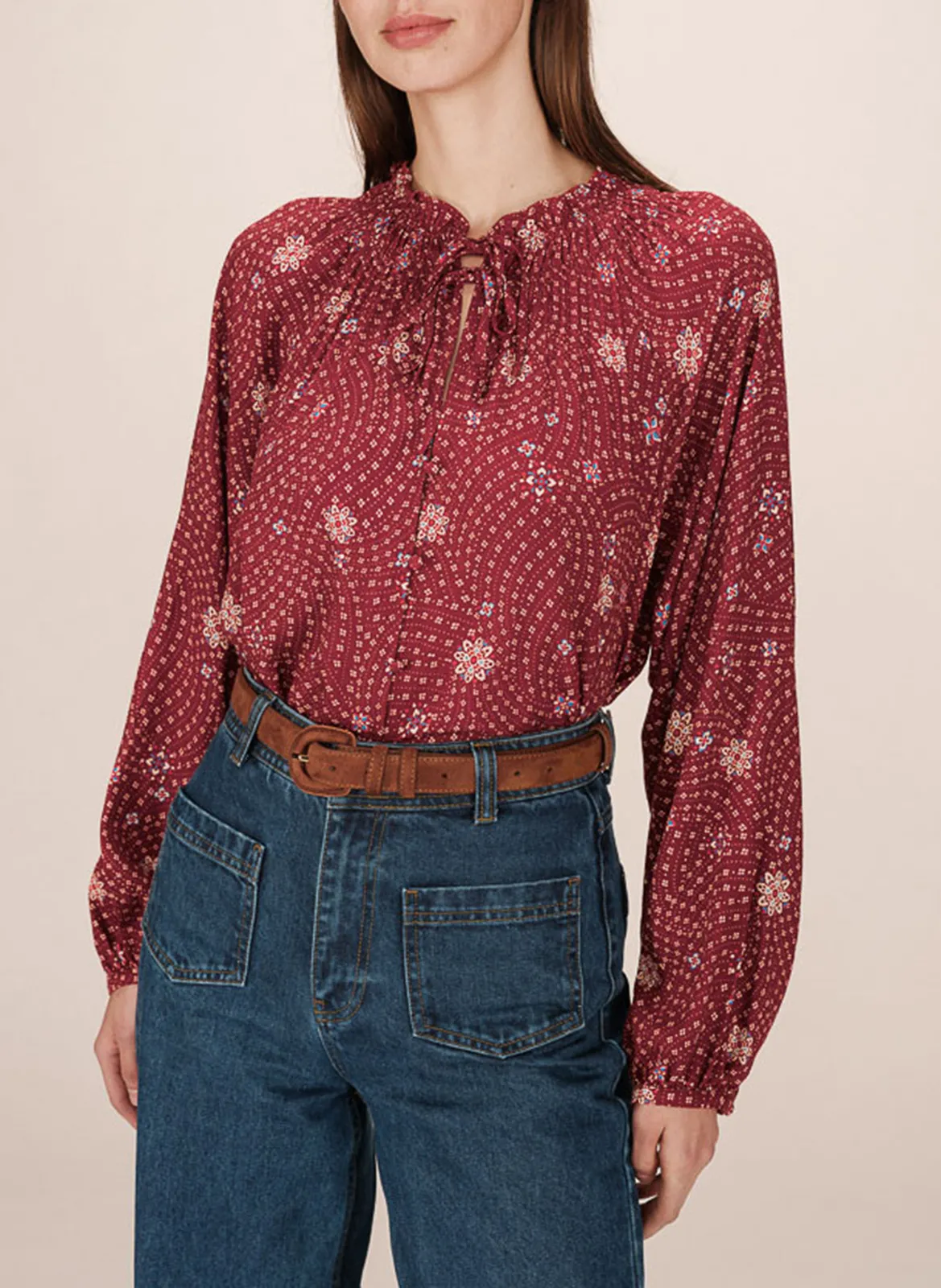 Gerade Bluse mit Rundhalsausschnitt und Print Braun SCARLETT