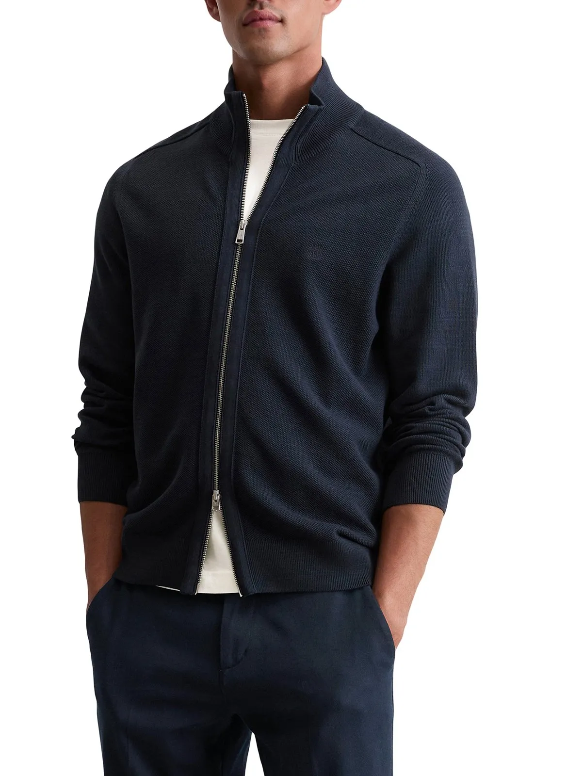 Baumwoll-Strickjacke mit Reißverschluss und Stehkragen Blau