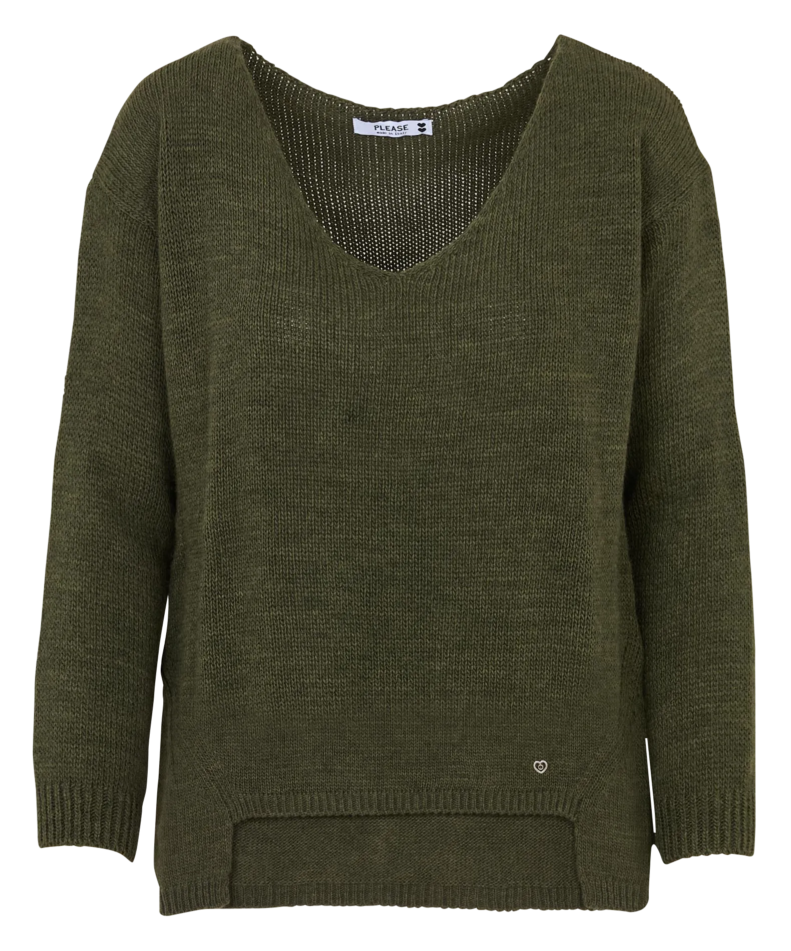 Weiter V-Ausschnitt-Pullover in asymmetrischer Uni-Farbe Grun