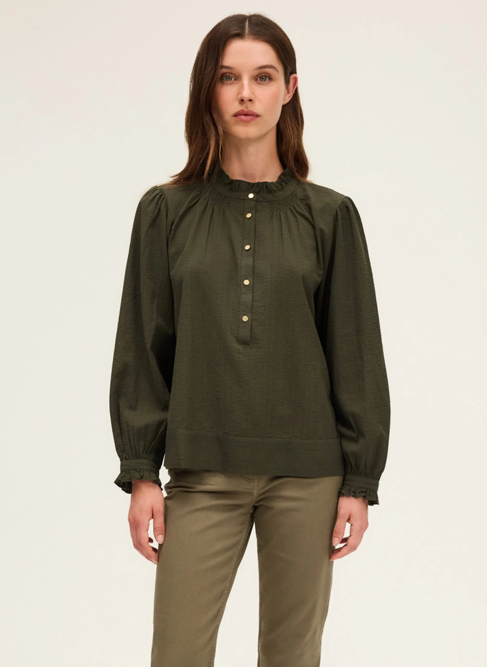 Baumwollbluse mit Rundhalsausschnitt Khaki ANISSA