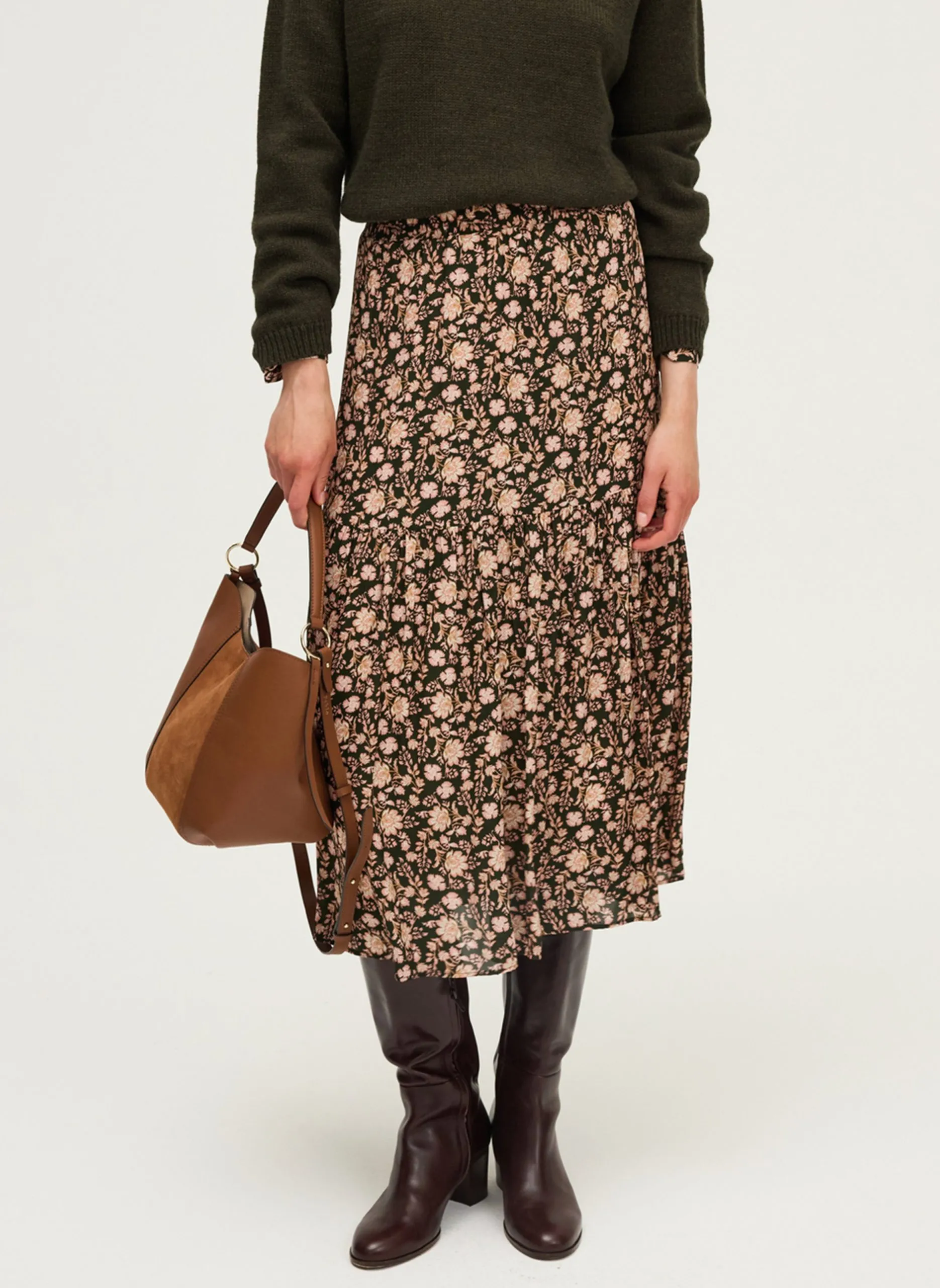 Midi-Rock mit Pflanzenmuster Khaki BILGE