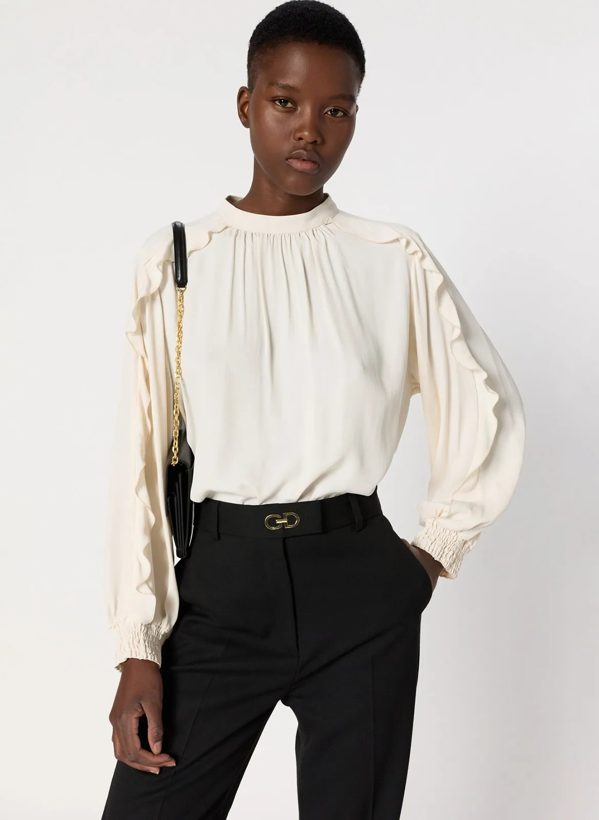 Bluse gerade mit Stehkragen aus Satin Beige ANAIS