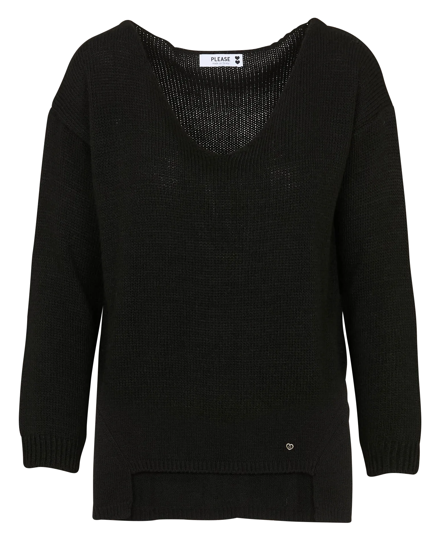 Weiter V-Ausschnitt-Pullover in asymmetrischer Uni-Farbe Schwarz