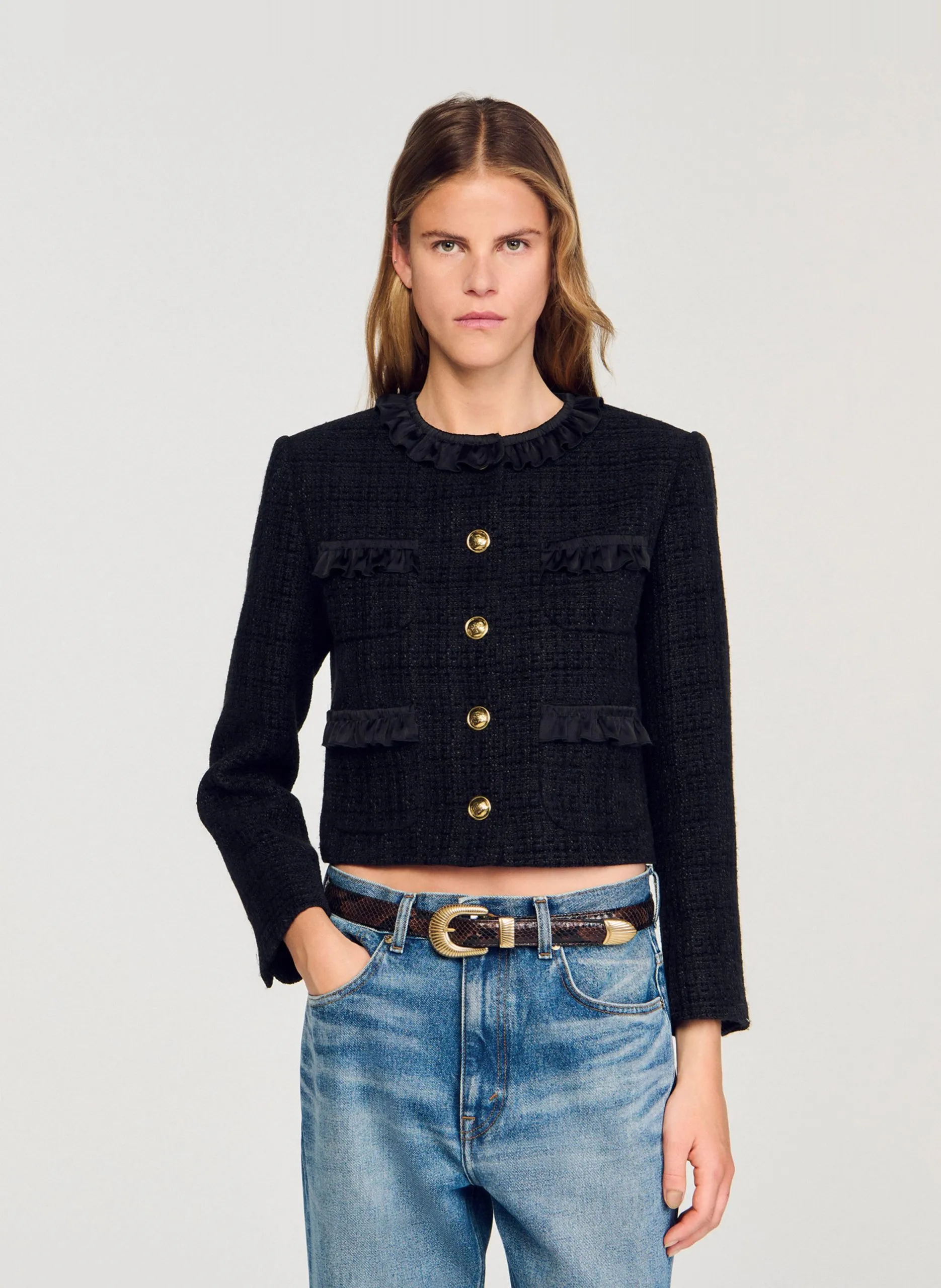 Tweedjacke mit Rundhalsausschnitt Schwarz