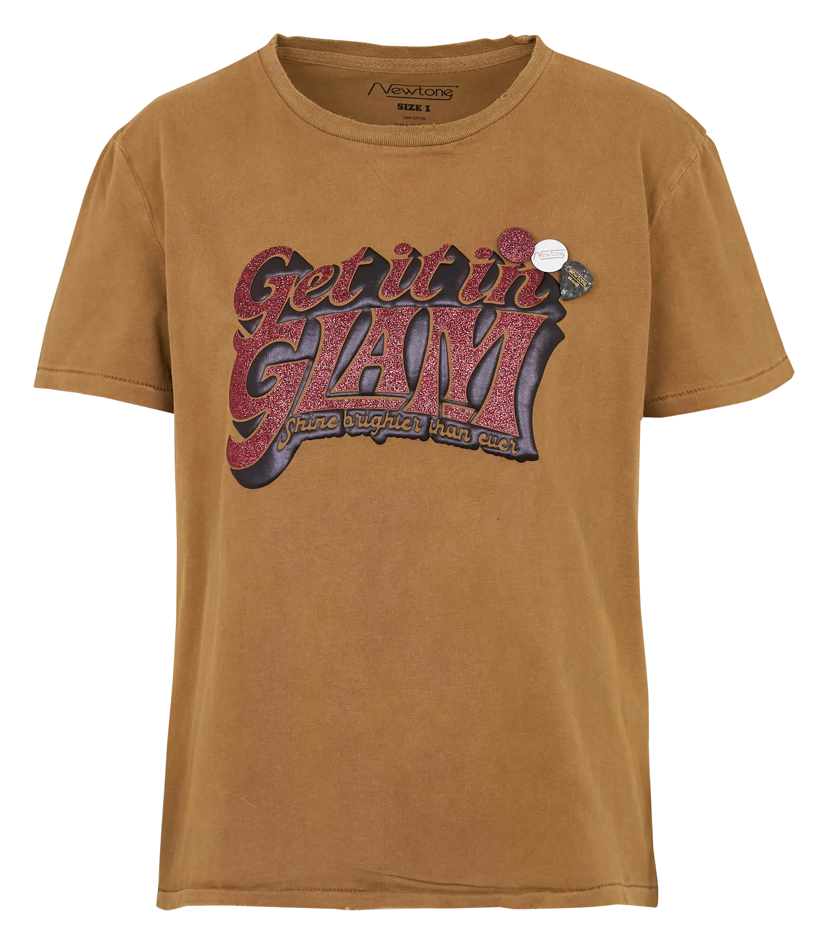 Gerade geschnittenes Rundhals-T-Shirt aus Baumwolle mit Siebdruck Braun TSSBRIG