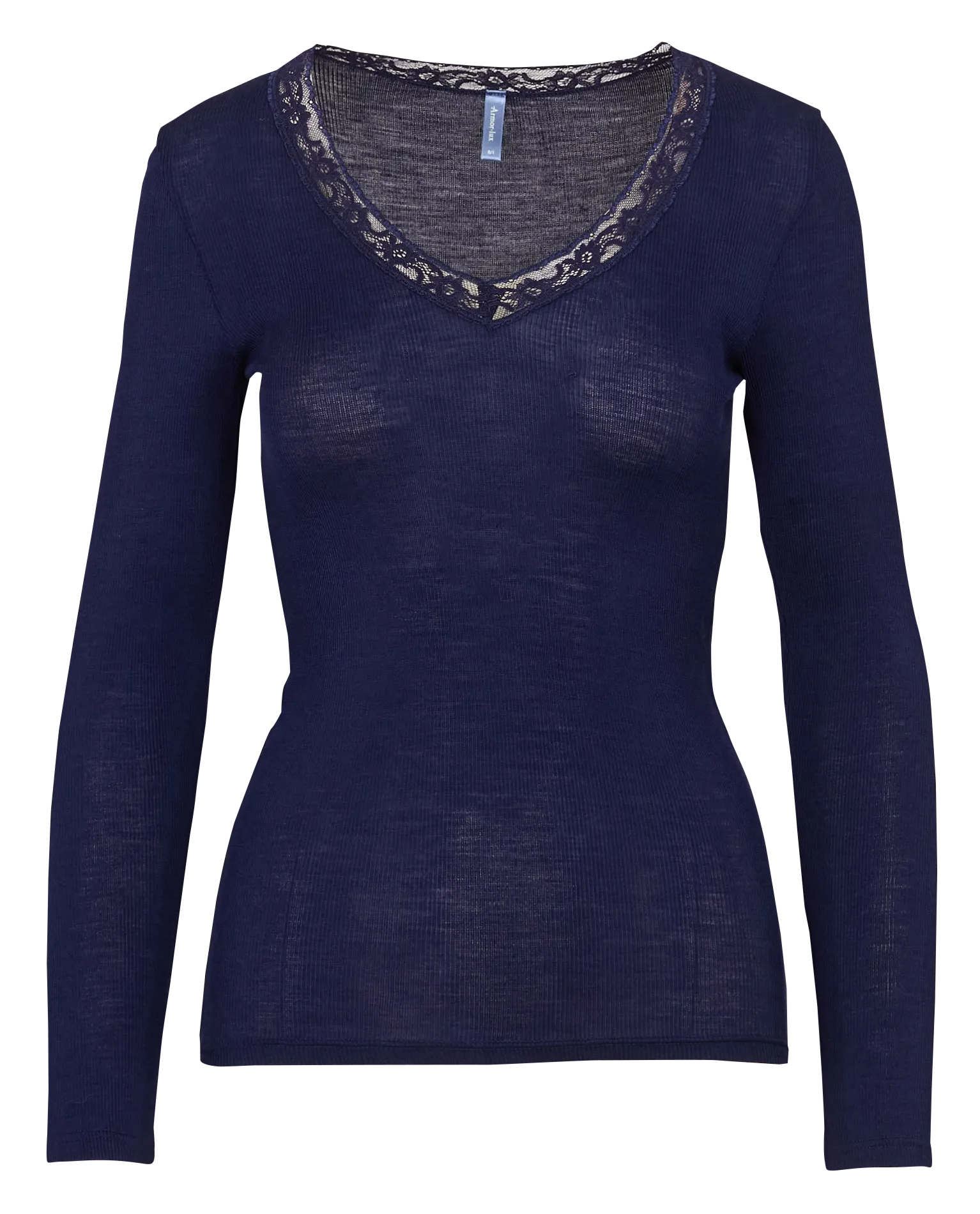 T-Shirt mit V-Ausschnitt und einfarbiger Spitze Blau