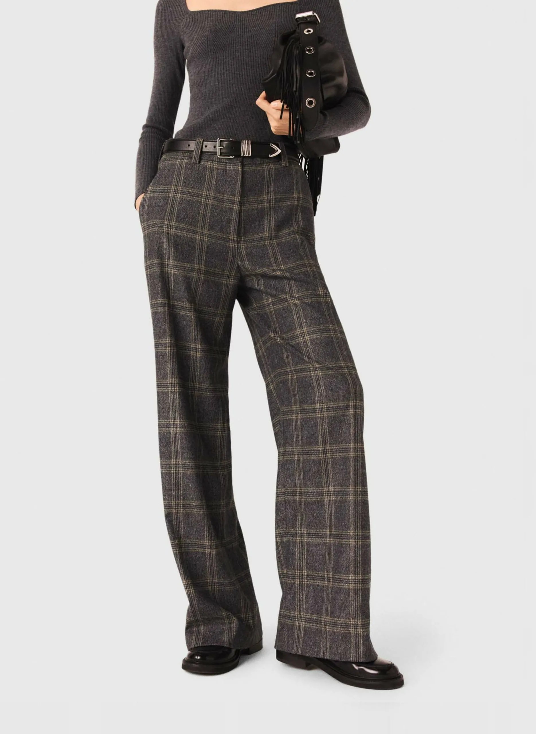 Weite Taillenhose mit Karomuster Grau