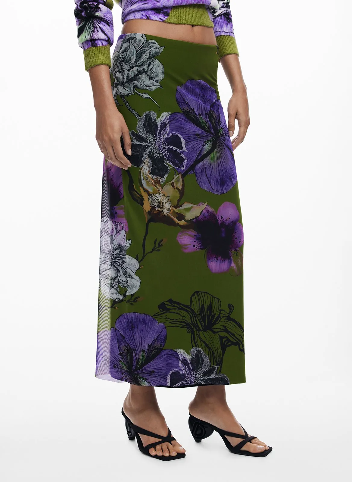 Midi-Tüllrock mit bedrucktem Schlauchdesign Grun