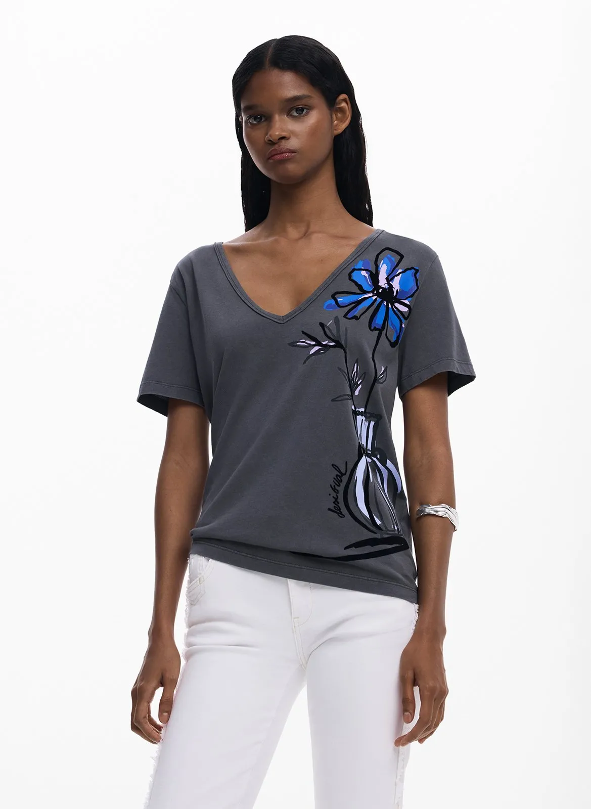 Baumwoll-T-Shirt mit U-Boot-Ausschnitt Schwarz