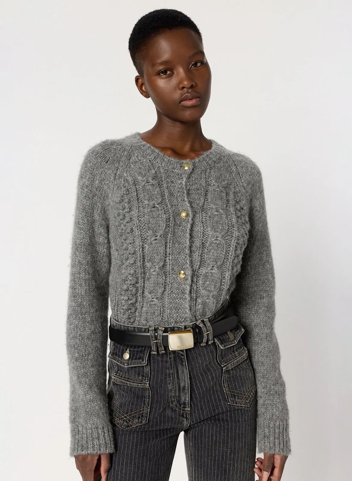 Zopfstrickjacke mit Rundhalsausschnitt Grau ELIANE