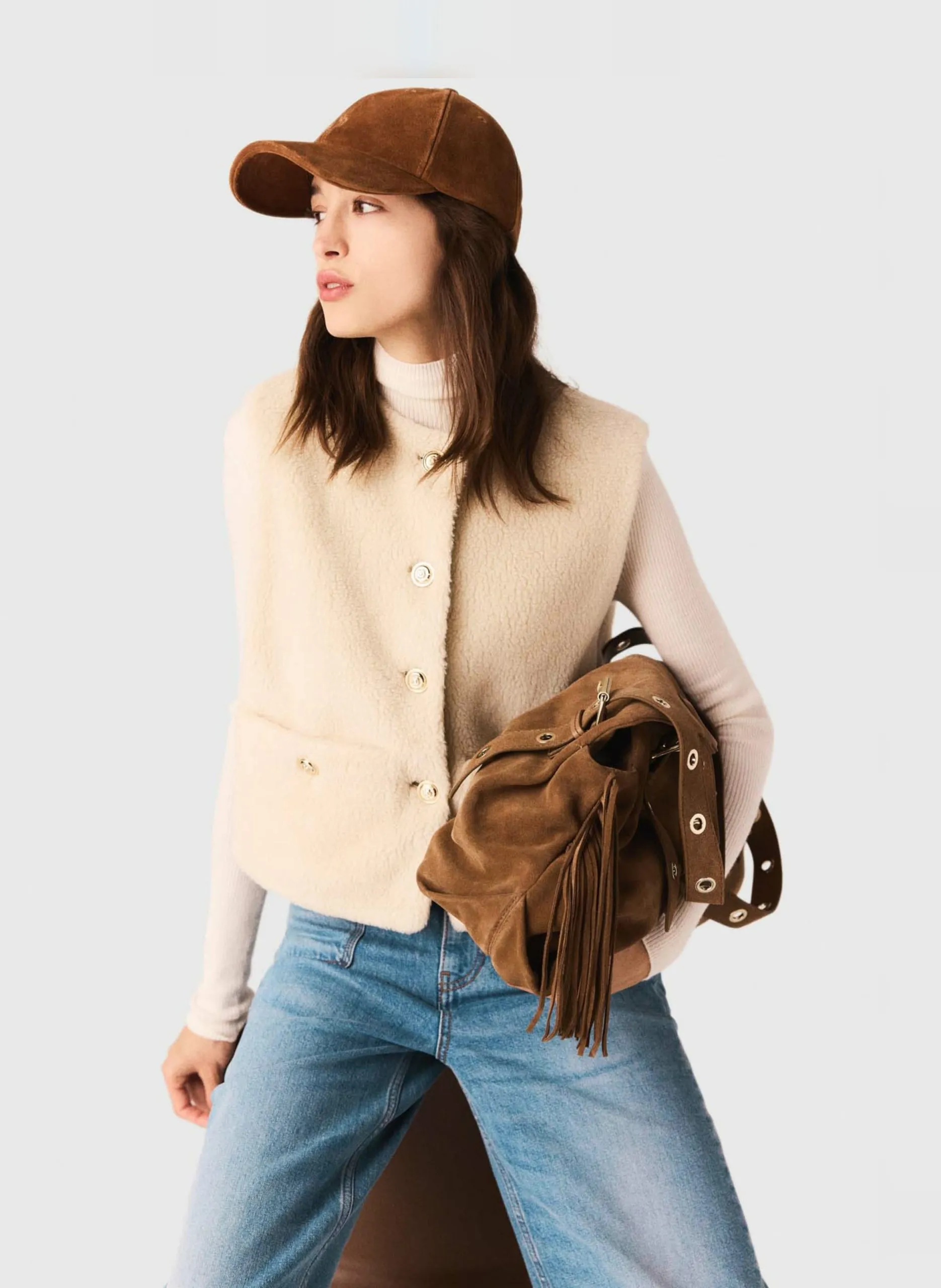 Sherpa-Jacke mit Rundhalskragen Beige