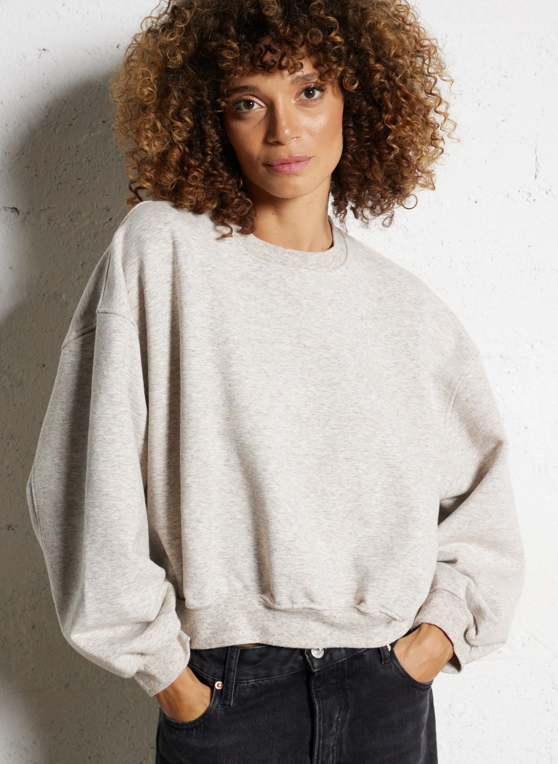 Kurzer, weiter Sweatshirt aus meliertem Baumwolljersey Grau FANCY