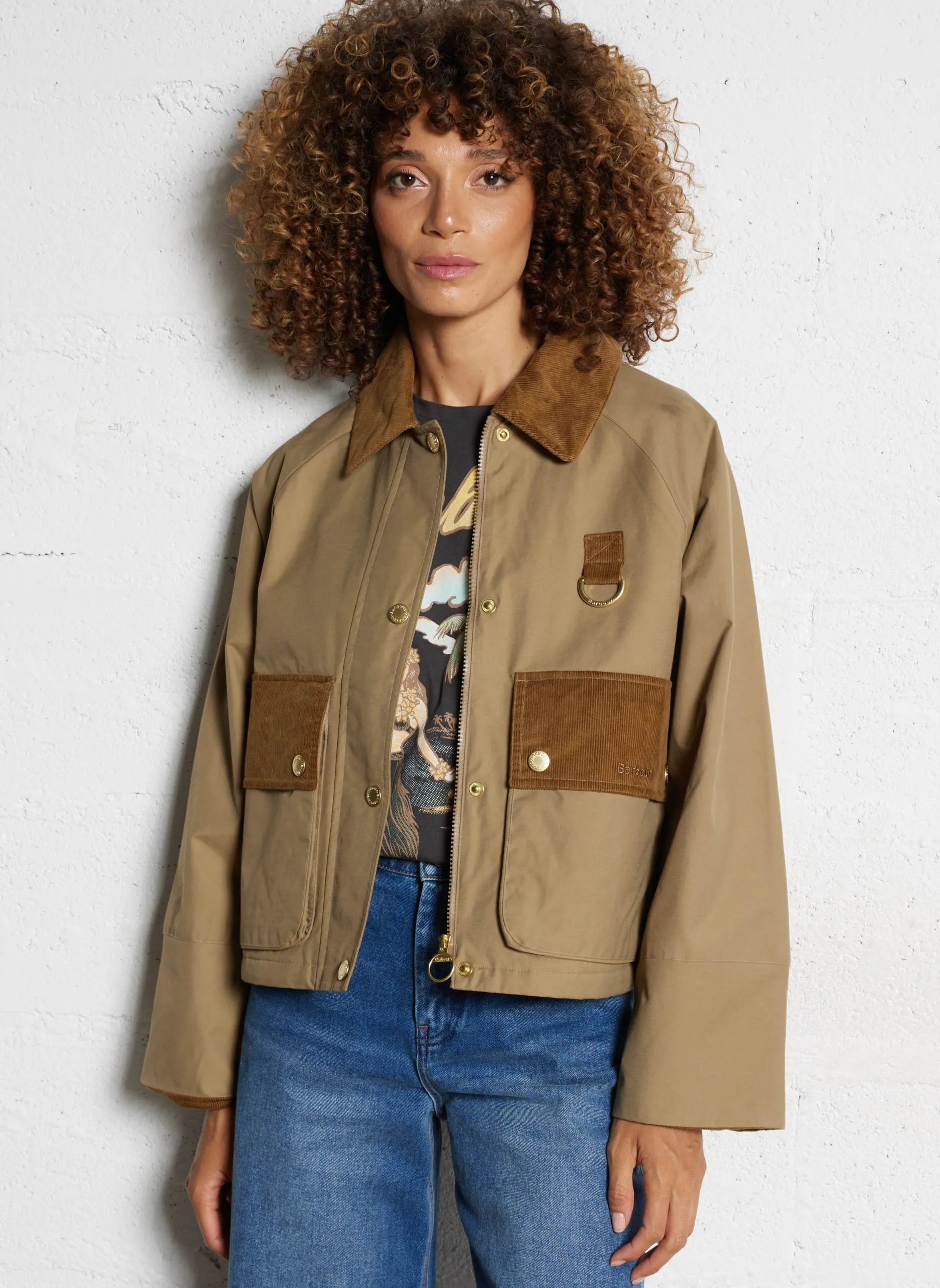 Kurze Jacke mit geripptem Samtkragen Beige PHOEBE