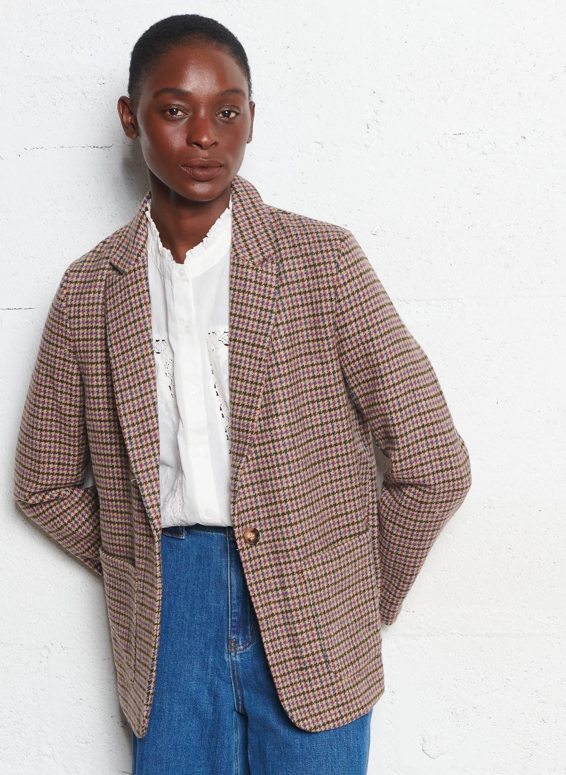 Blazer mit Hahnentrittmuster am Revers Beige VANESS