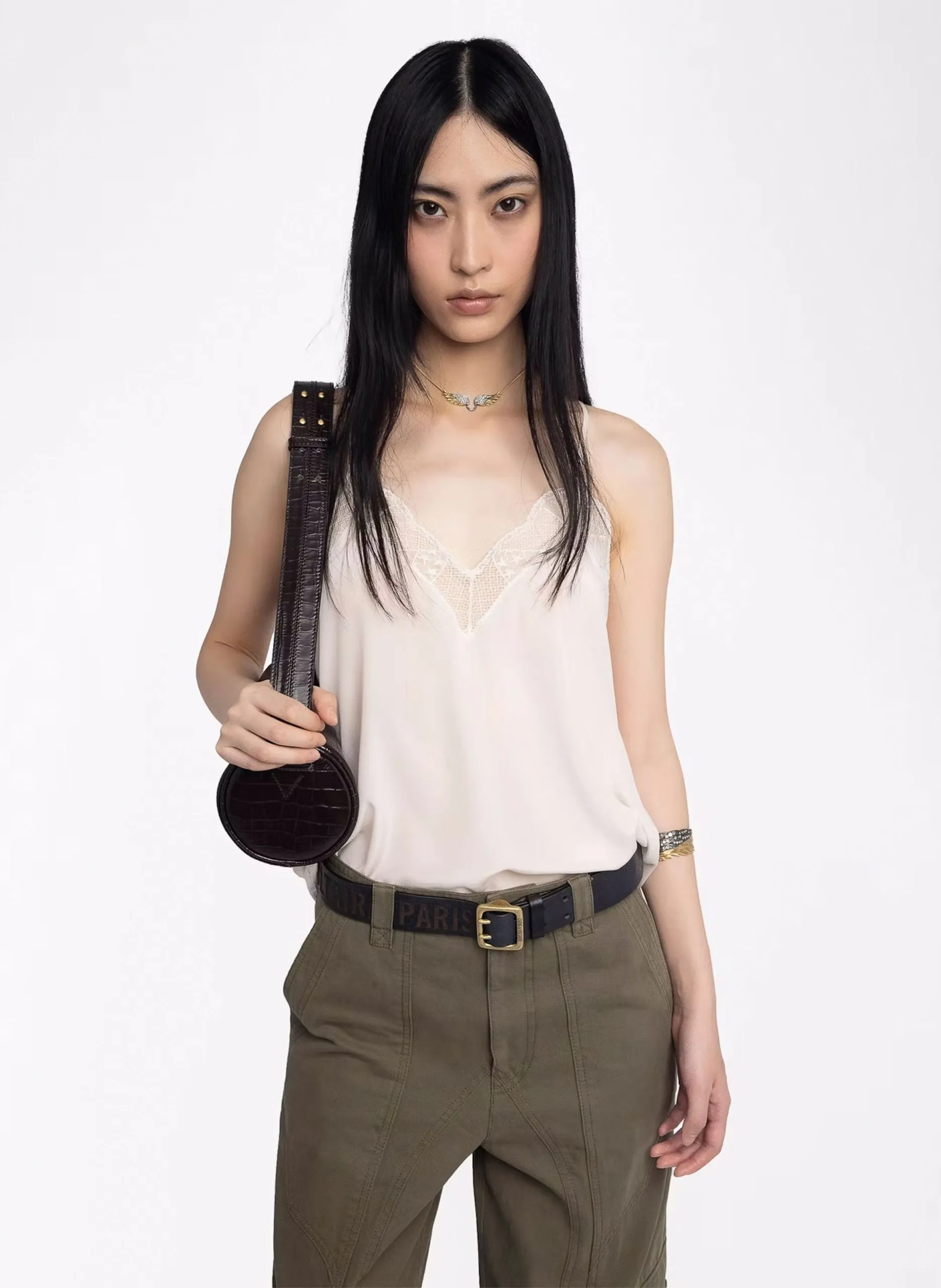 Einfarbiges Seidentop mit Spitze Weiss CHRISTY