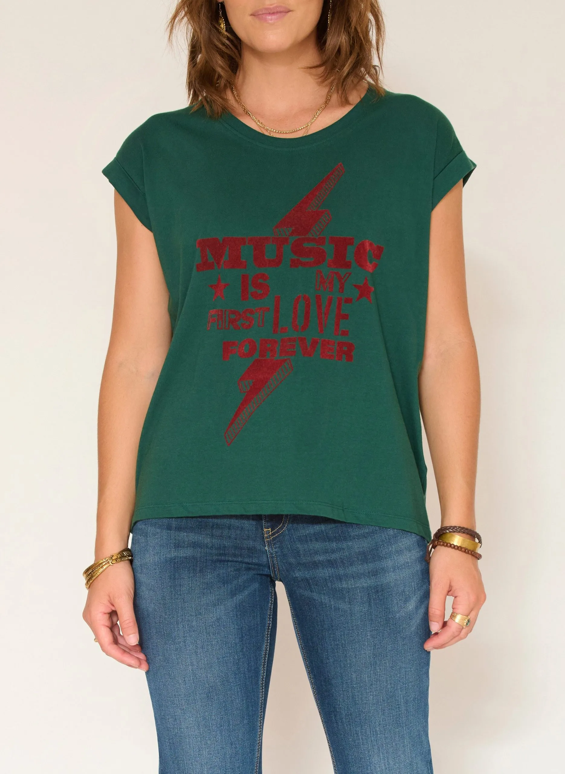 Gerade geschnittenes Rundhals-T-Shirt aus Baumwolle Grun TACHA