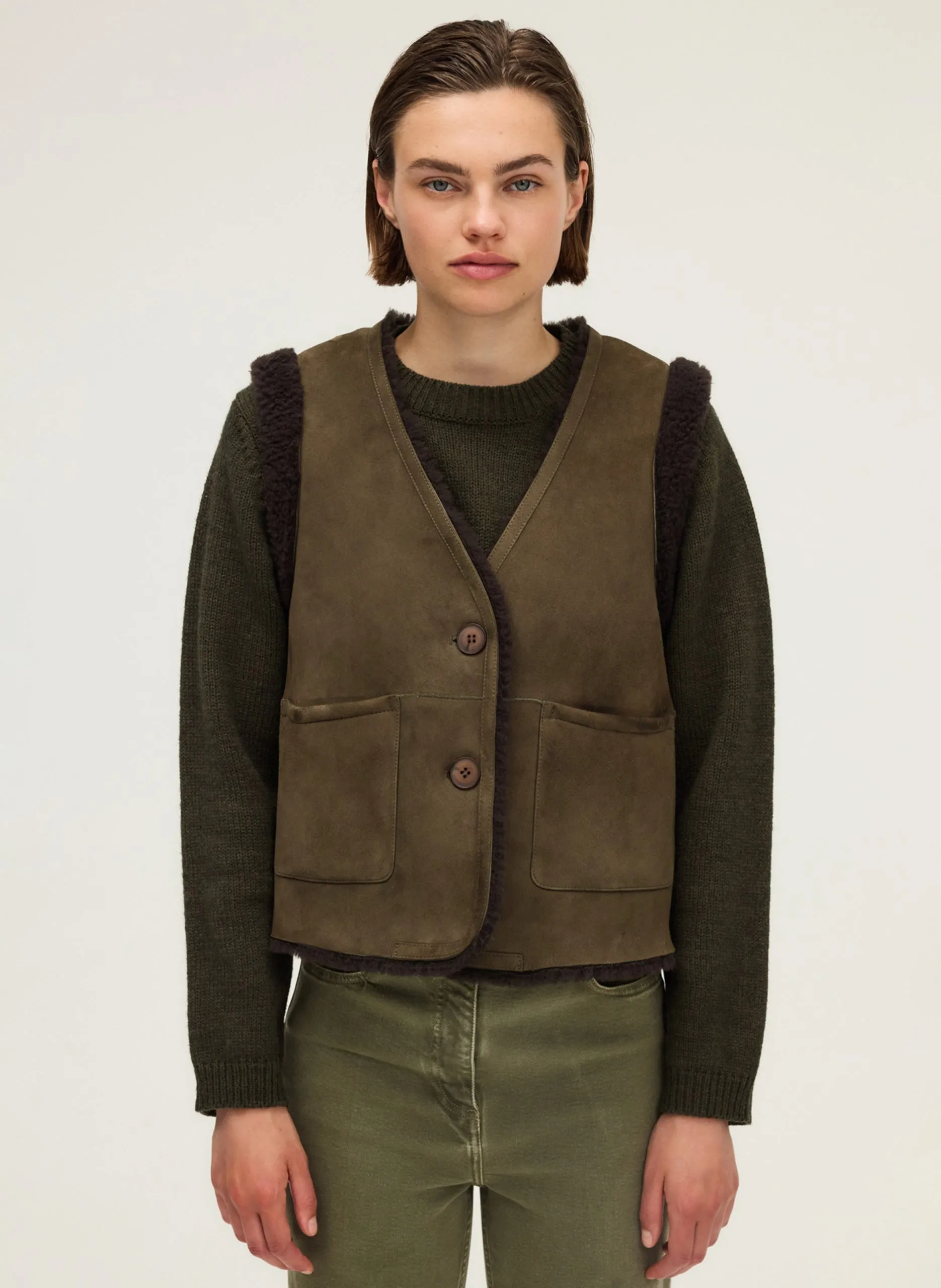 Wendelederjacke mit V-Ausschnitt Khaki NIARA