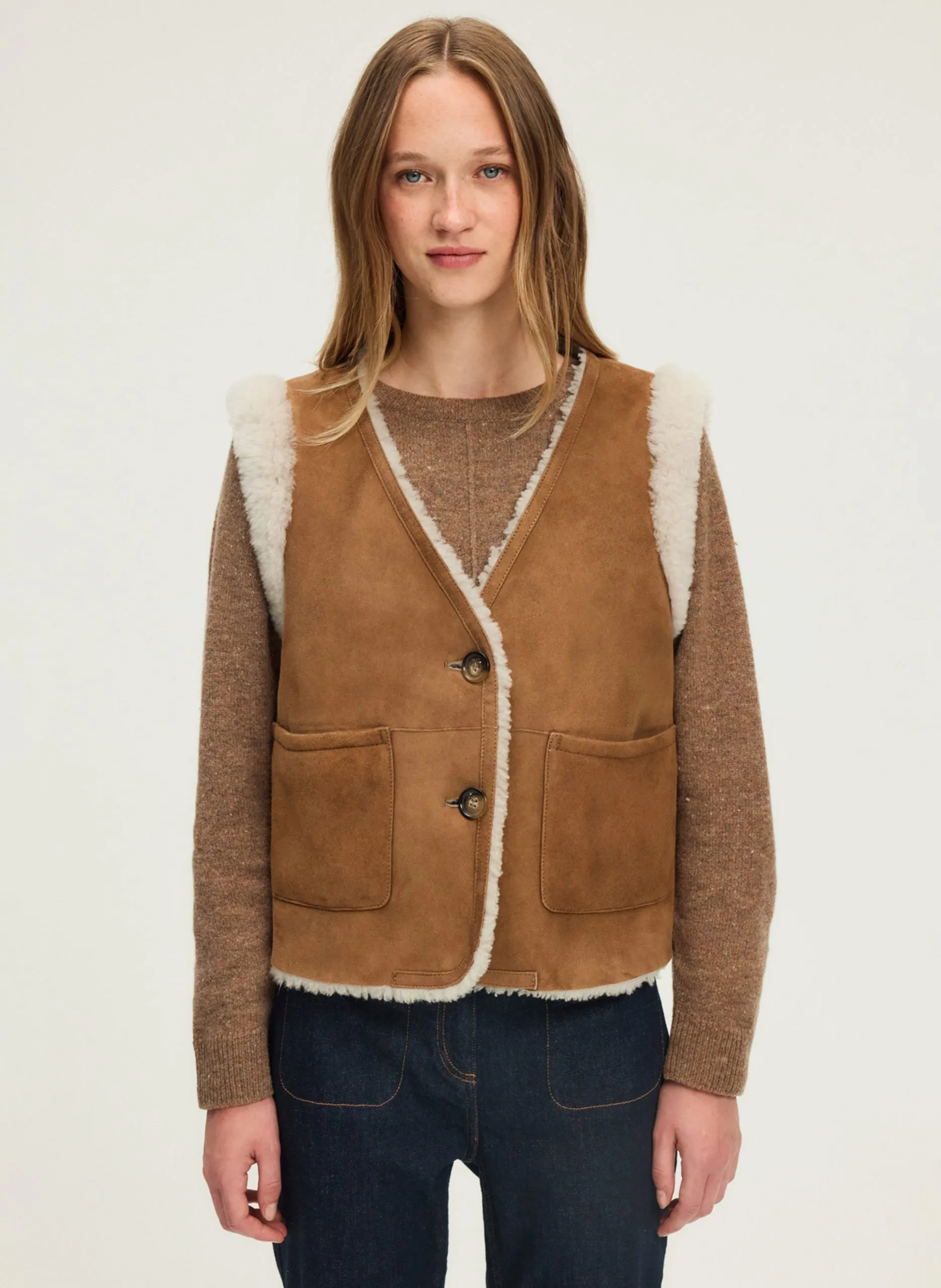 Wendelederjacke mit V-Ausschnitt Braun NIARA