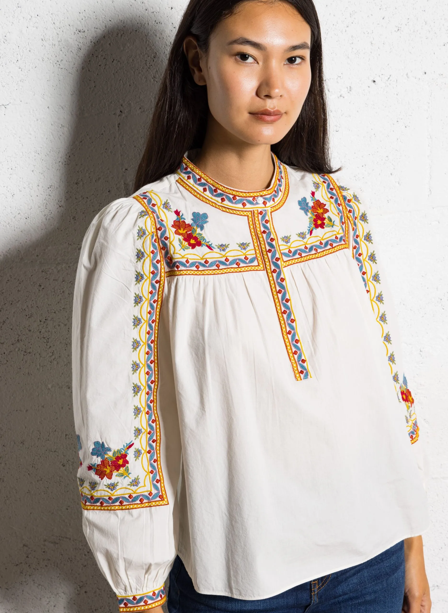 Besticktes Baumwoll-Top mit Rundhalsausschnitt Weiss TEZANO