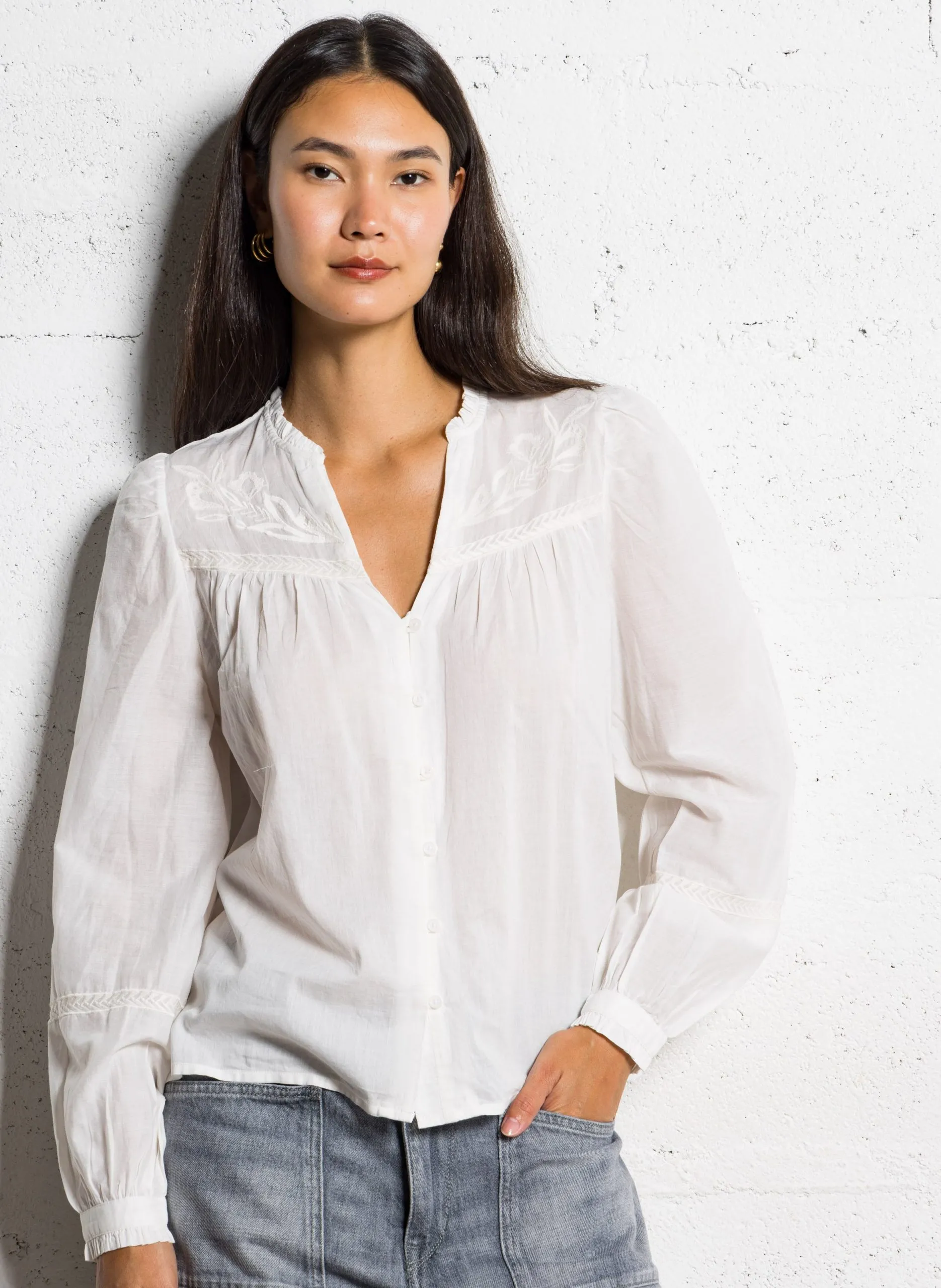 Baumwollbluse mit V-Ausschnitt Beige BOWIE