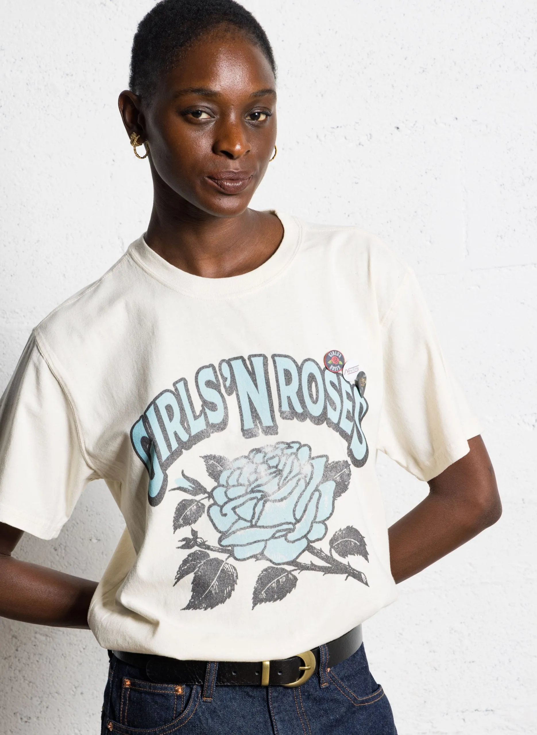 Gerade geschnittenes Rundhals-T-Shirt aus Baumwolle mit Siebdruck Beige TSTAXL