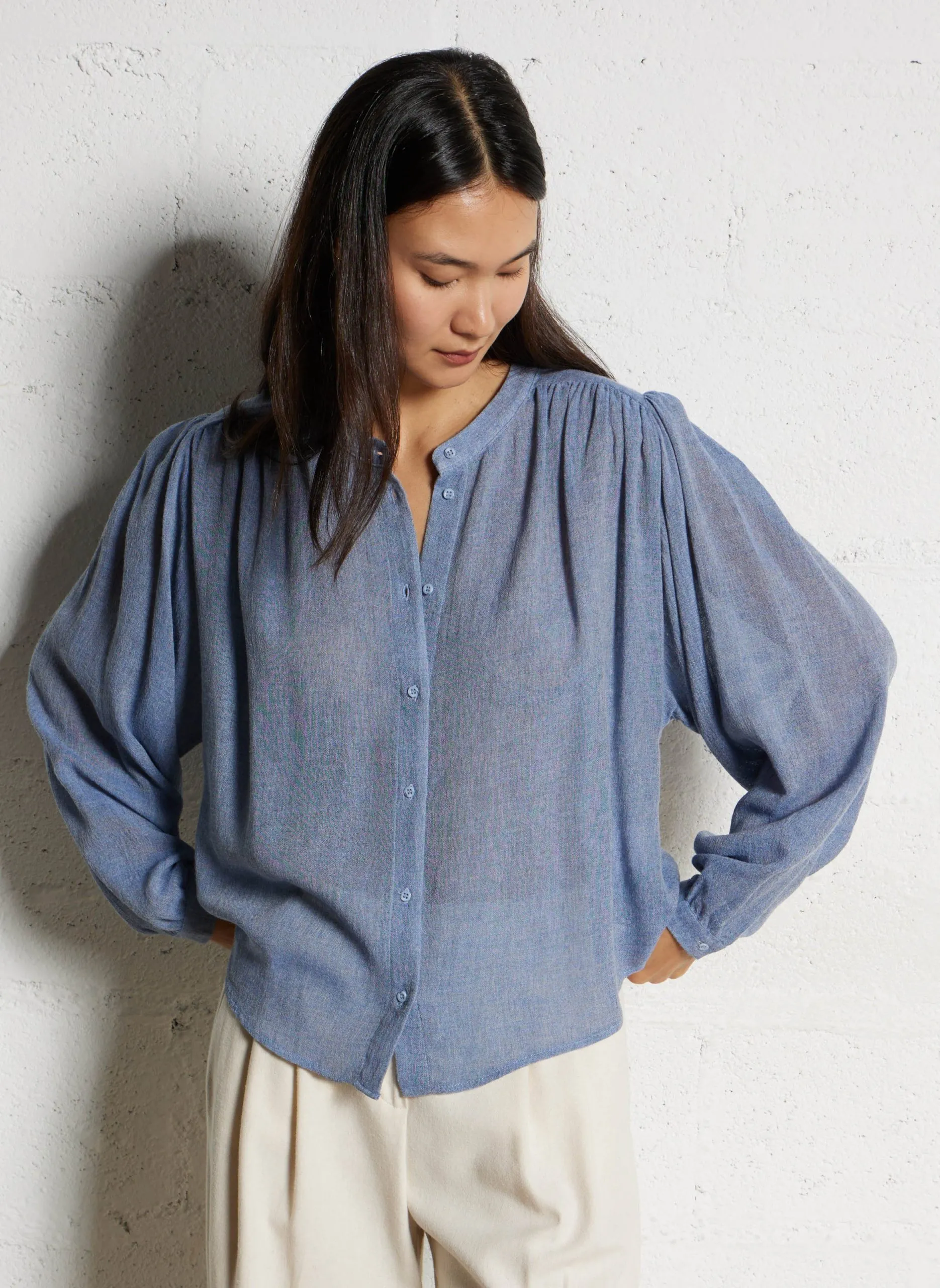 Bluse mit Mao-Kragen Blau GLADIS