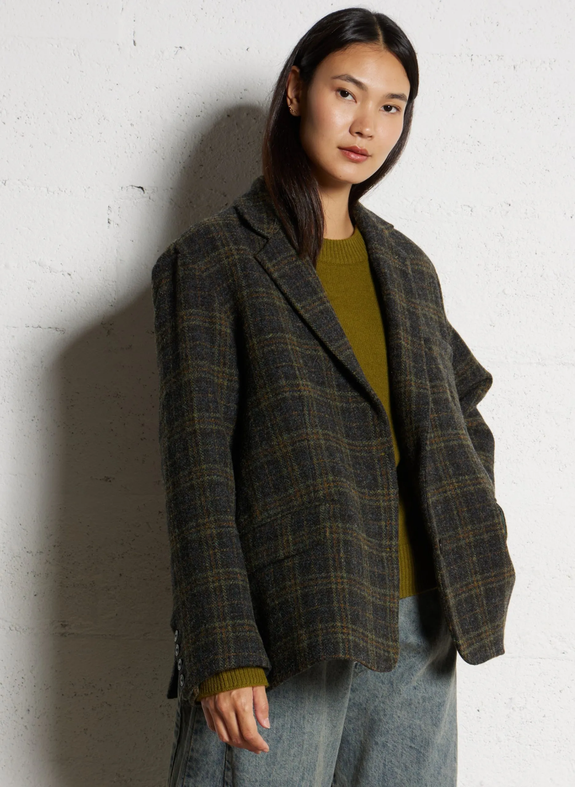 Oversize Blazer mit Karomuster aus Schurwolle Gelb LONDON