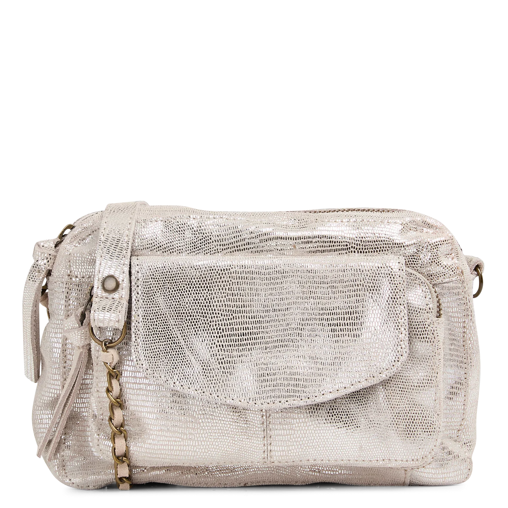 Glänzende Jacquard-Umhängetasche aus Leder Silber NAINA