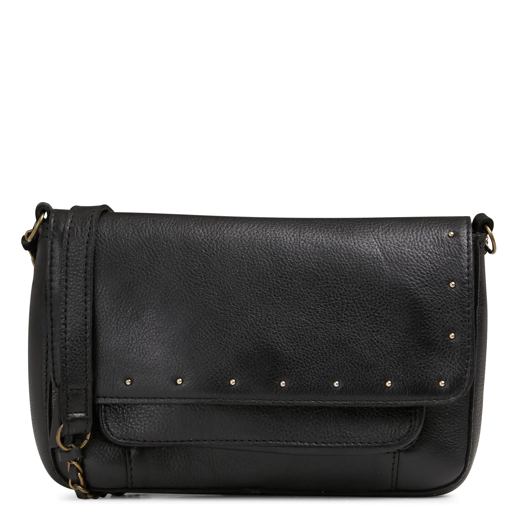 Umhängetasche mit einfarbigem Klappdeckel aus Leder Schwarz JOY