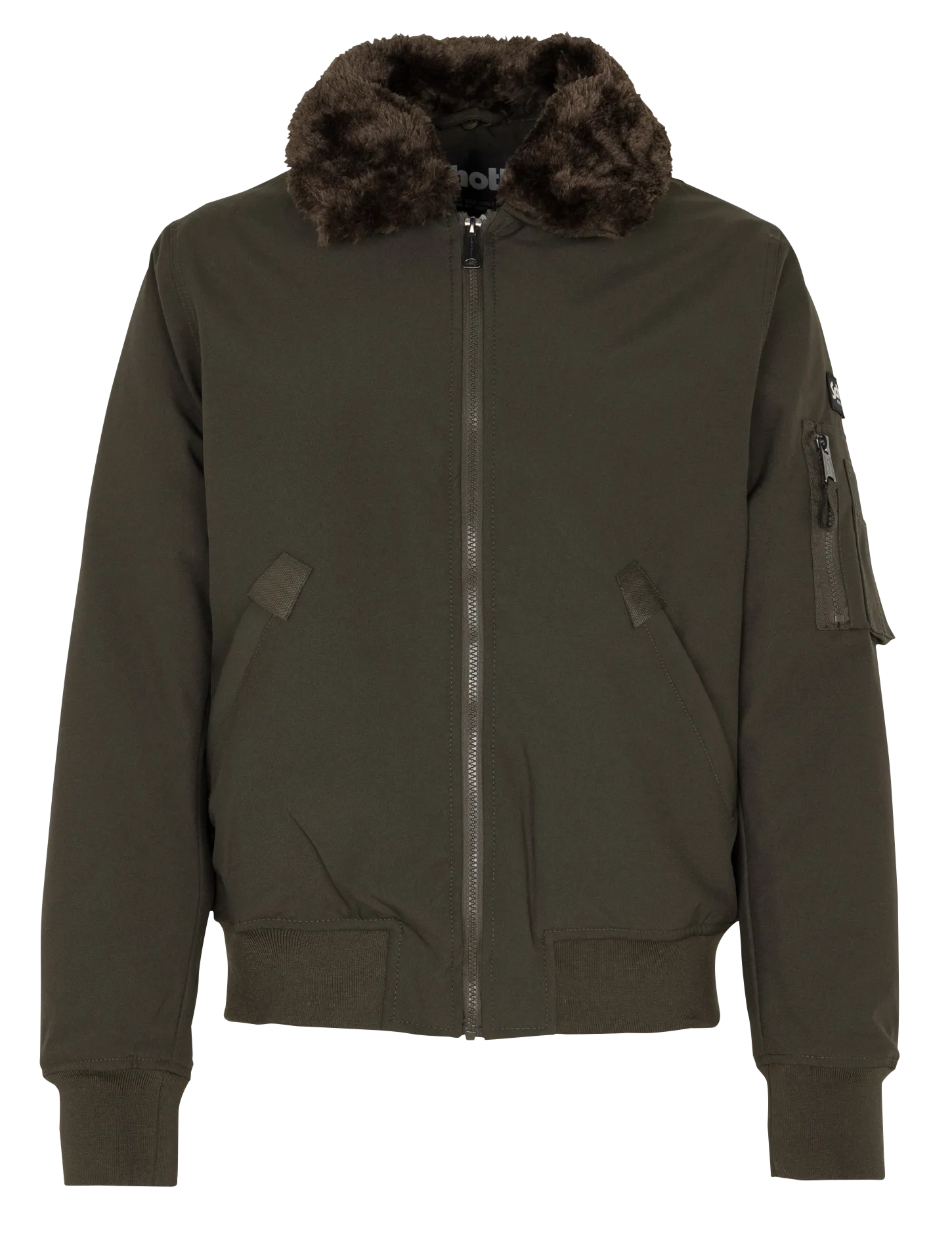 Weit geschnittene Pilotenjacke in einfarbig mit Kunstpelzkragen. Braun