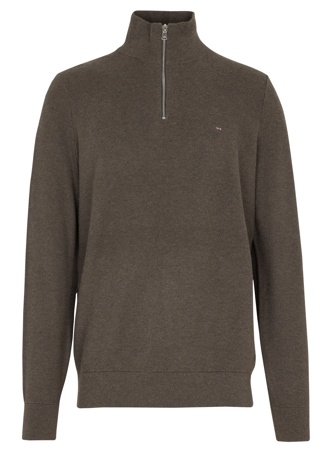 Gerade geschnittener Pullover mit Stehkragen und Stickerei aus Baumwolle. Braun