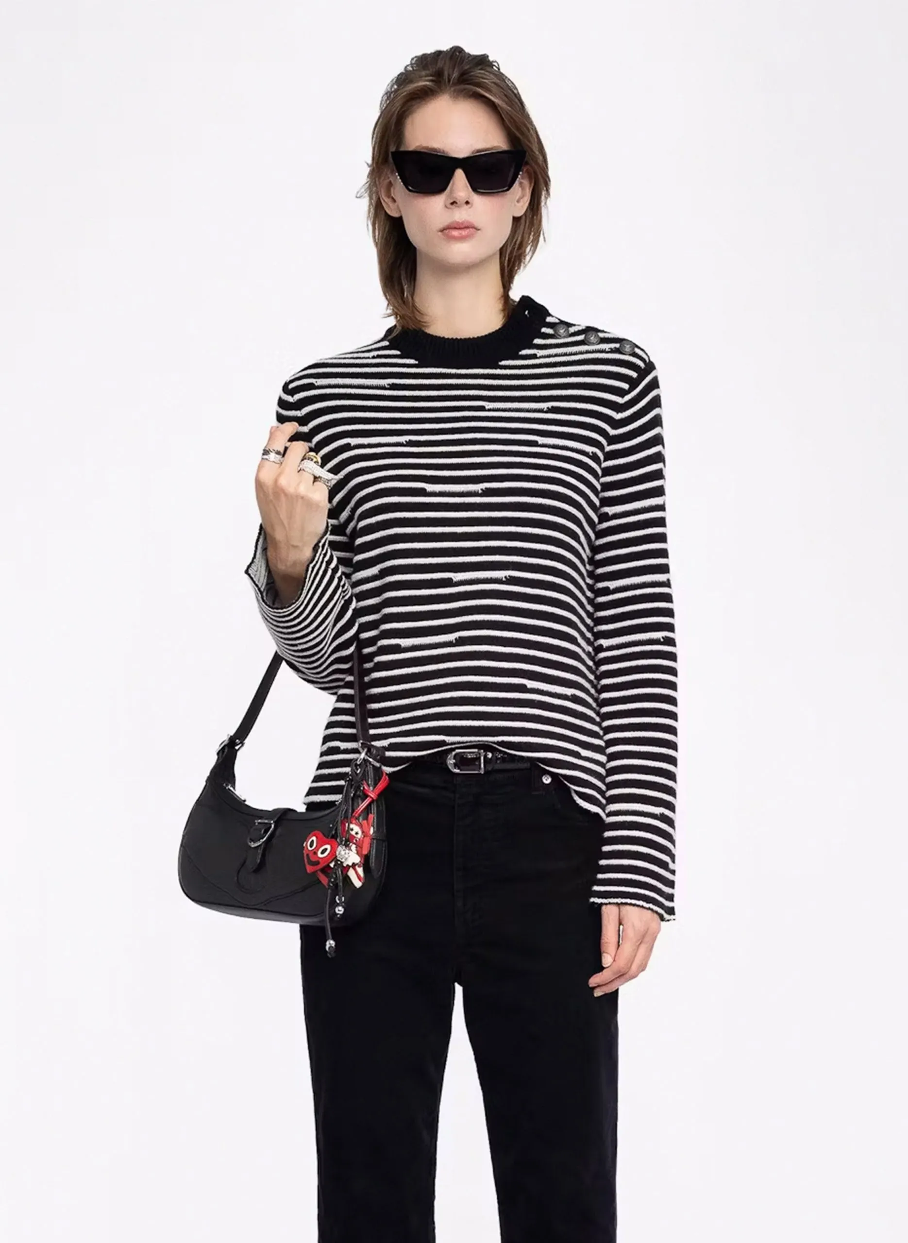 Gerader Woll- und Kaschmirpullover mit Streifen Schwarz SPIKY