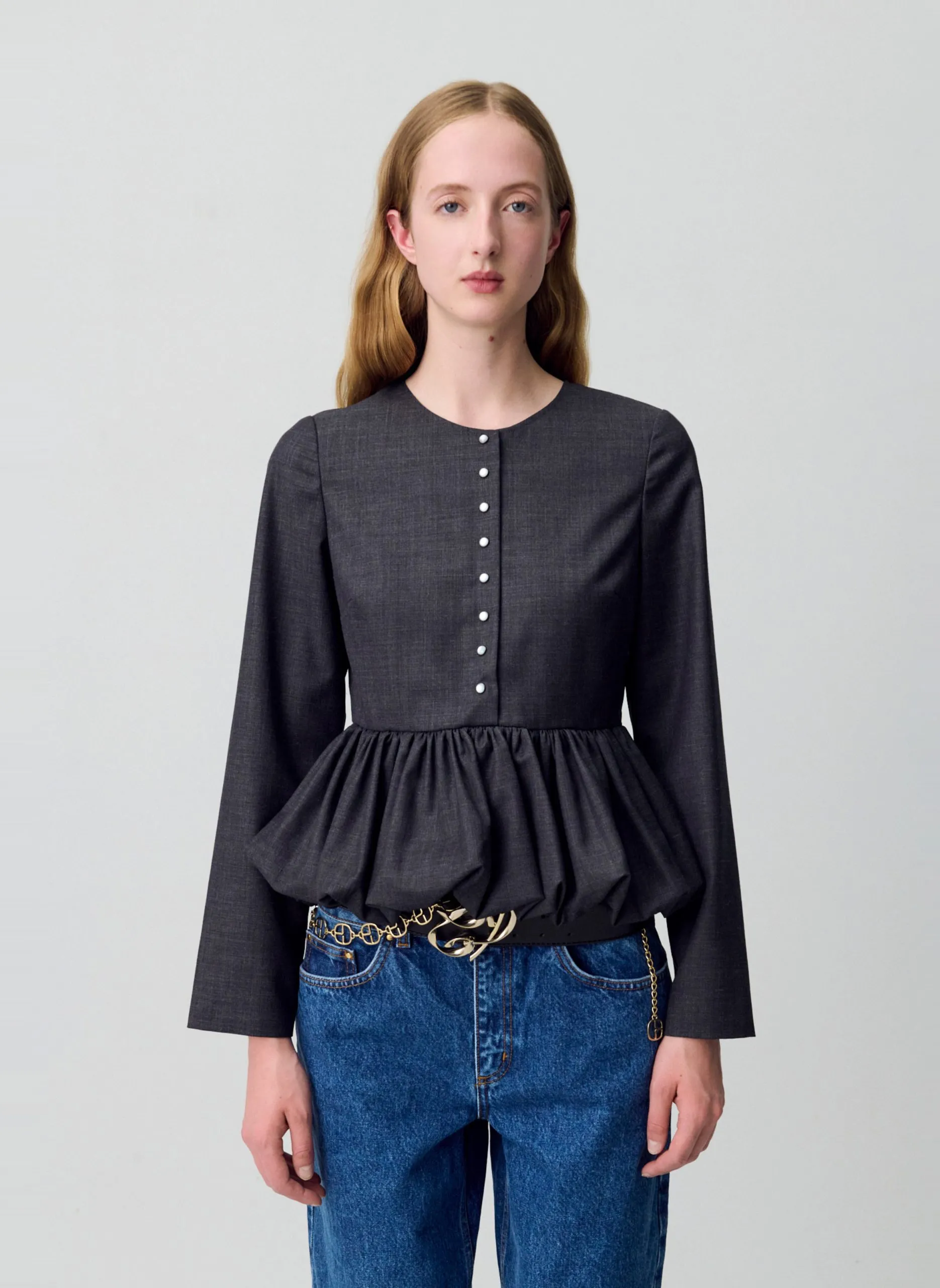 Langarm-Bluse mit Knopfleiste in Uni Grau BERENICE