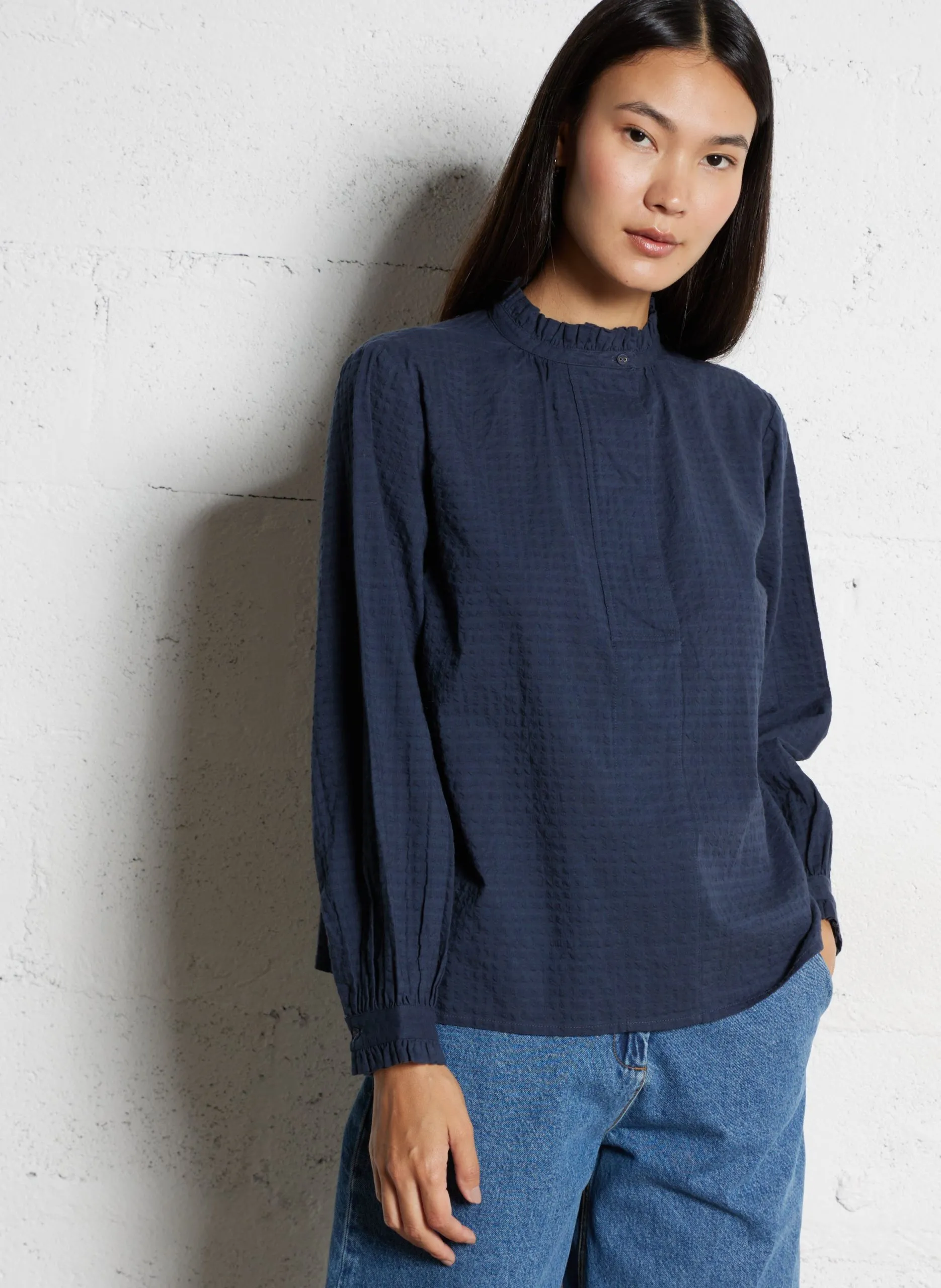 Oversize-Baumwollbluse mit Rundhalskragen Blau JAMESCK