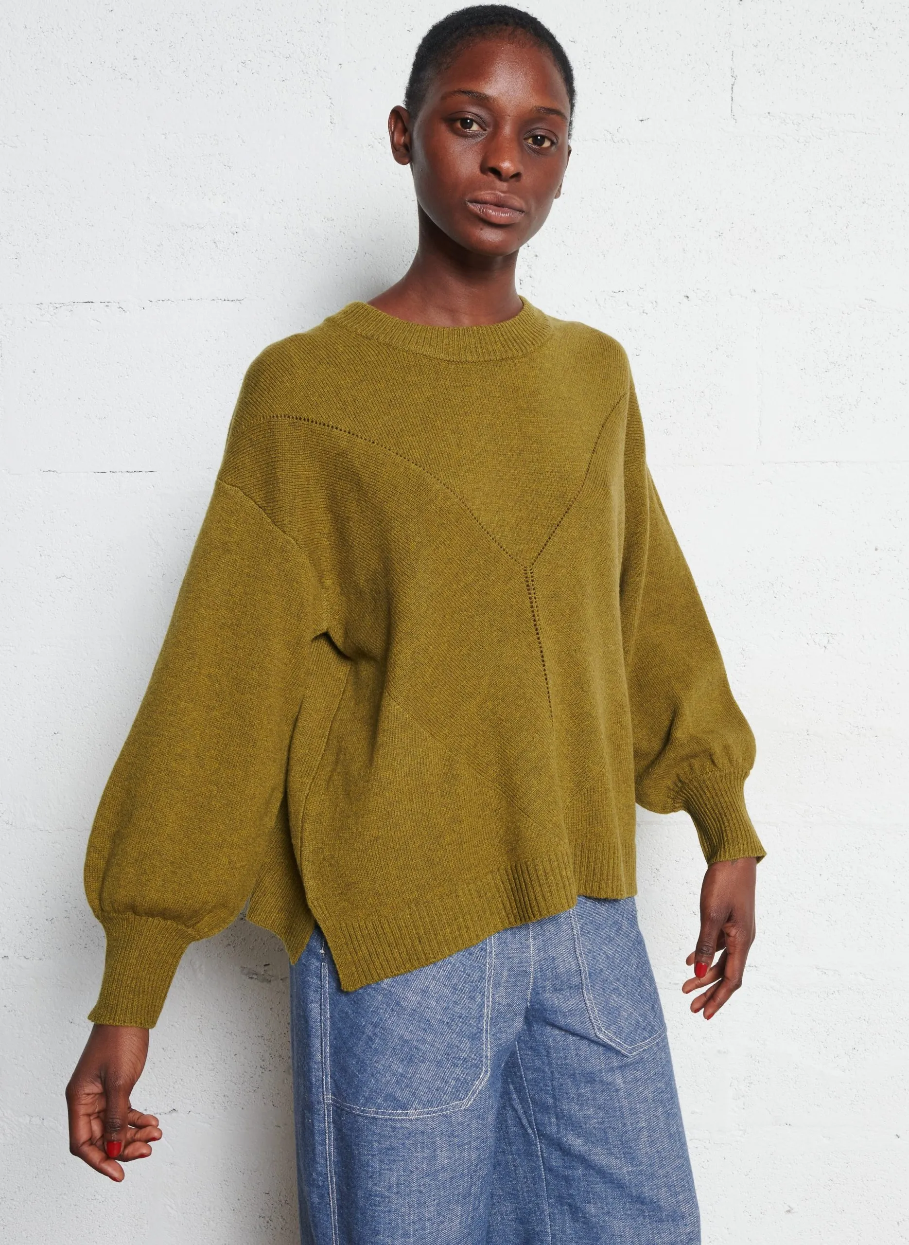 Weiter Rundhalsausschnitt-Pullover aus Merinowolle Khaki OUDAI