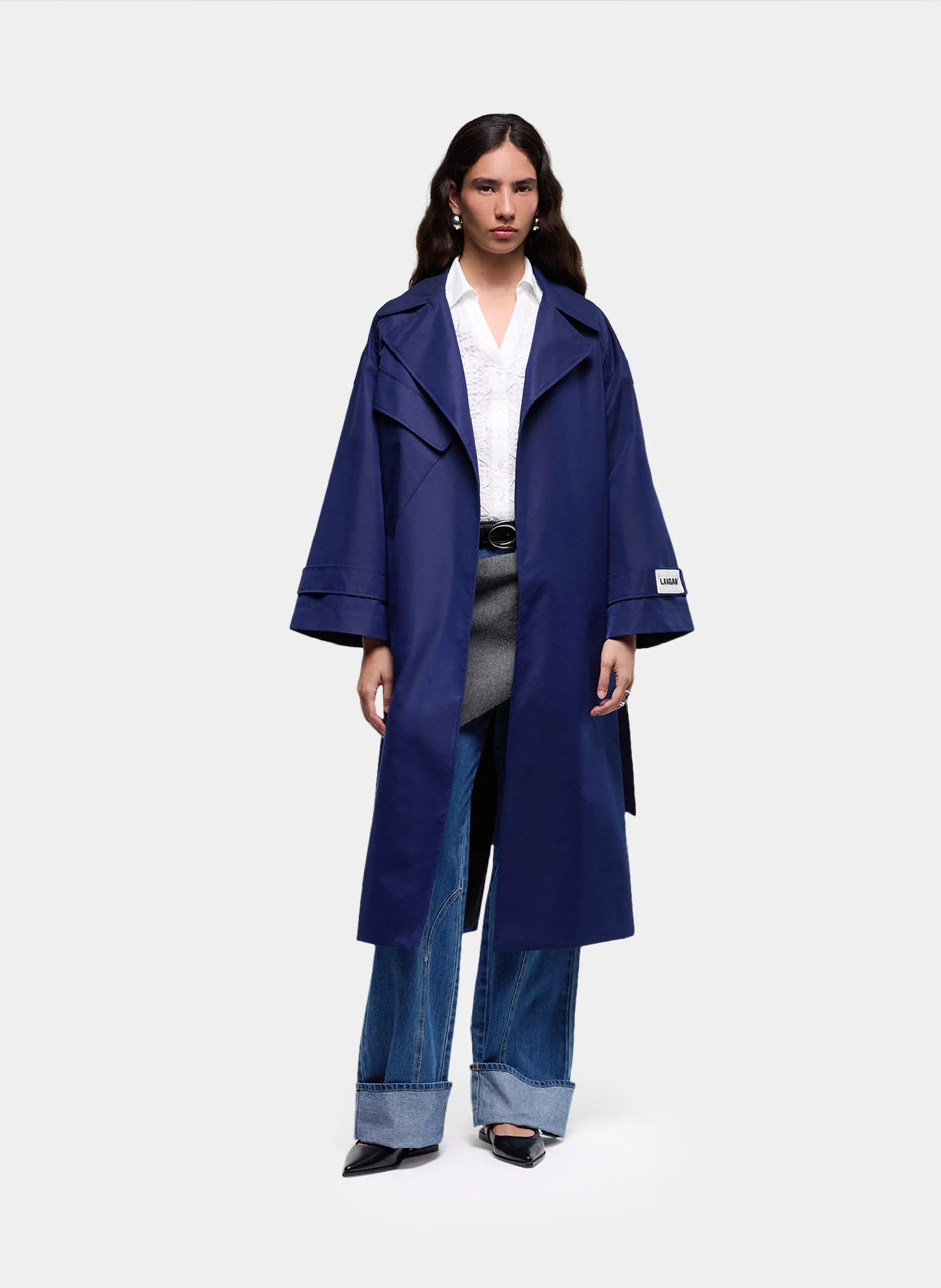Langer einfarbiger Taillengürtel-Trenchcoat Blau LONDRES