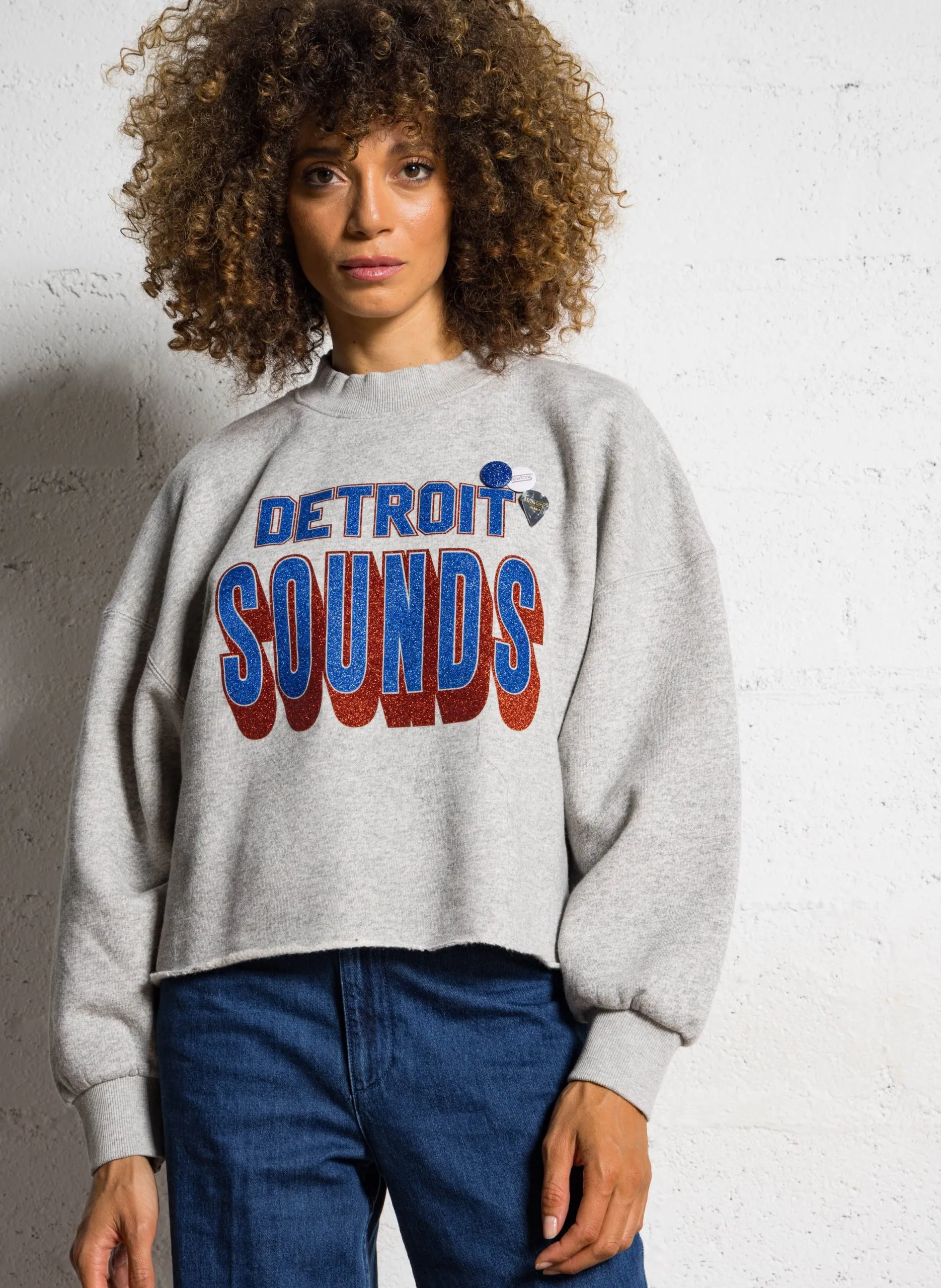 Weiter Pullover mit hohem Kragen, bedruckt mit Pailletten aus Baumwolle Grau SWCPSONG