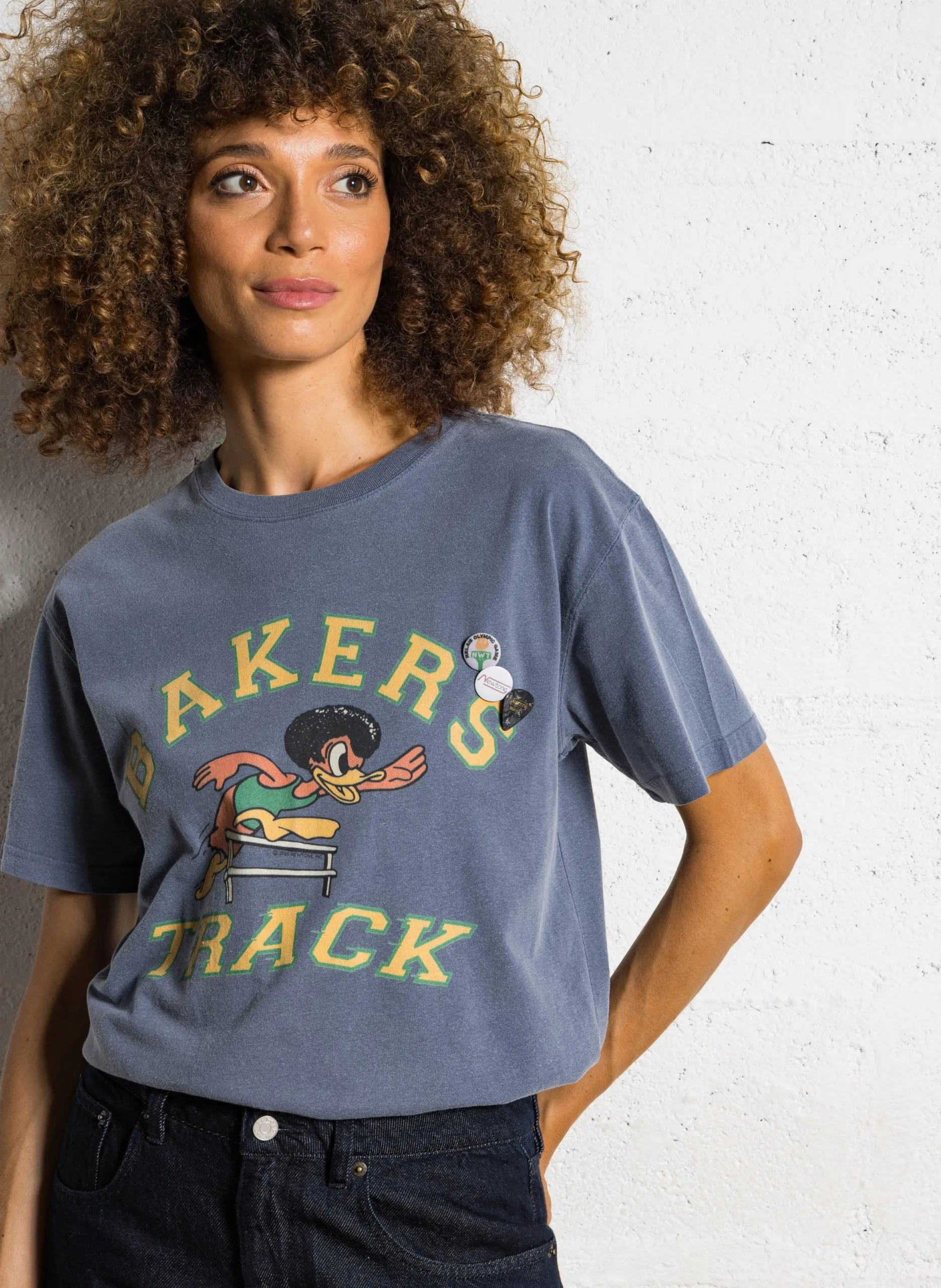 Gerade geschnittenes Rundhals-T-Shirt aus Baumwolle mit Siebdruck Blau TSTBAKE