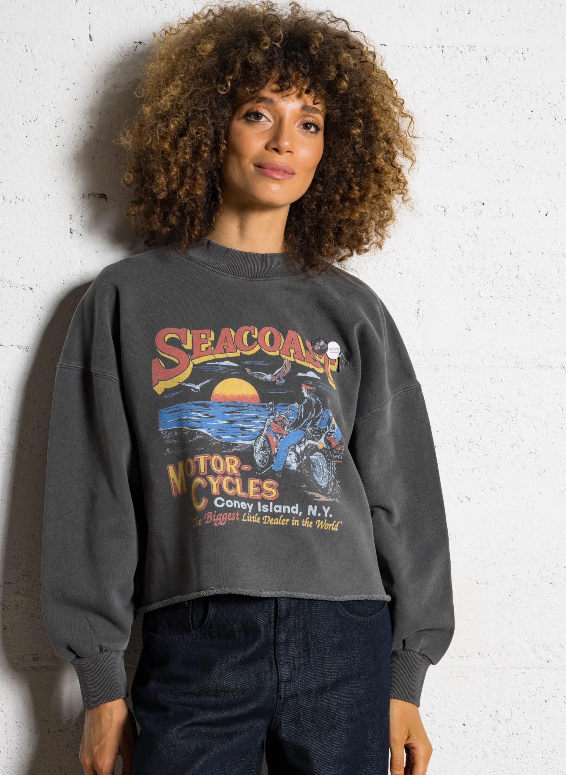 Weiter Rundhalsausschnitt bedruckter Baumwoll-Pulli Grau SWCPSEAC