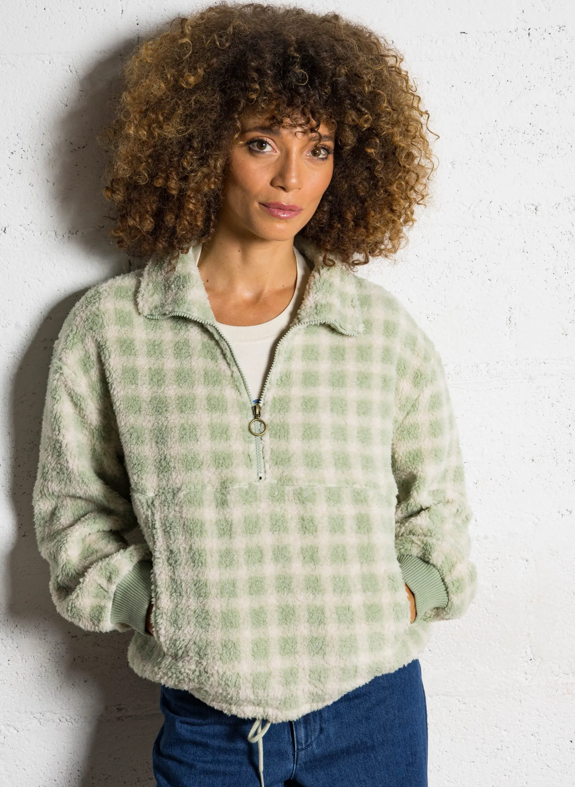 Sweatshirt mit Stehkragen und Karomuster Grun TIME OFF