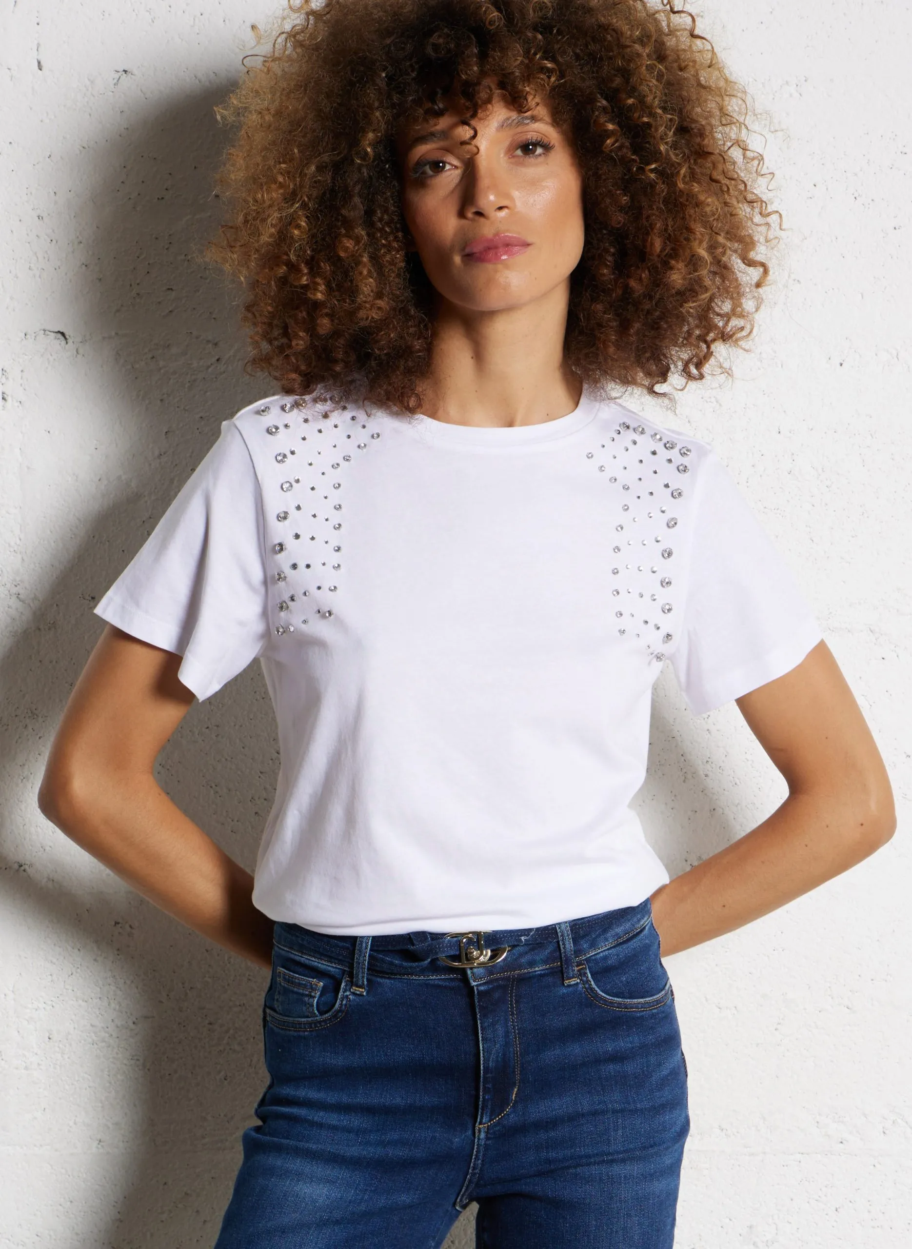 Einfarbiges T-Shirt mit Strass aus Baumwolle Weiss