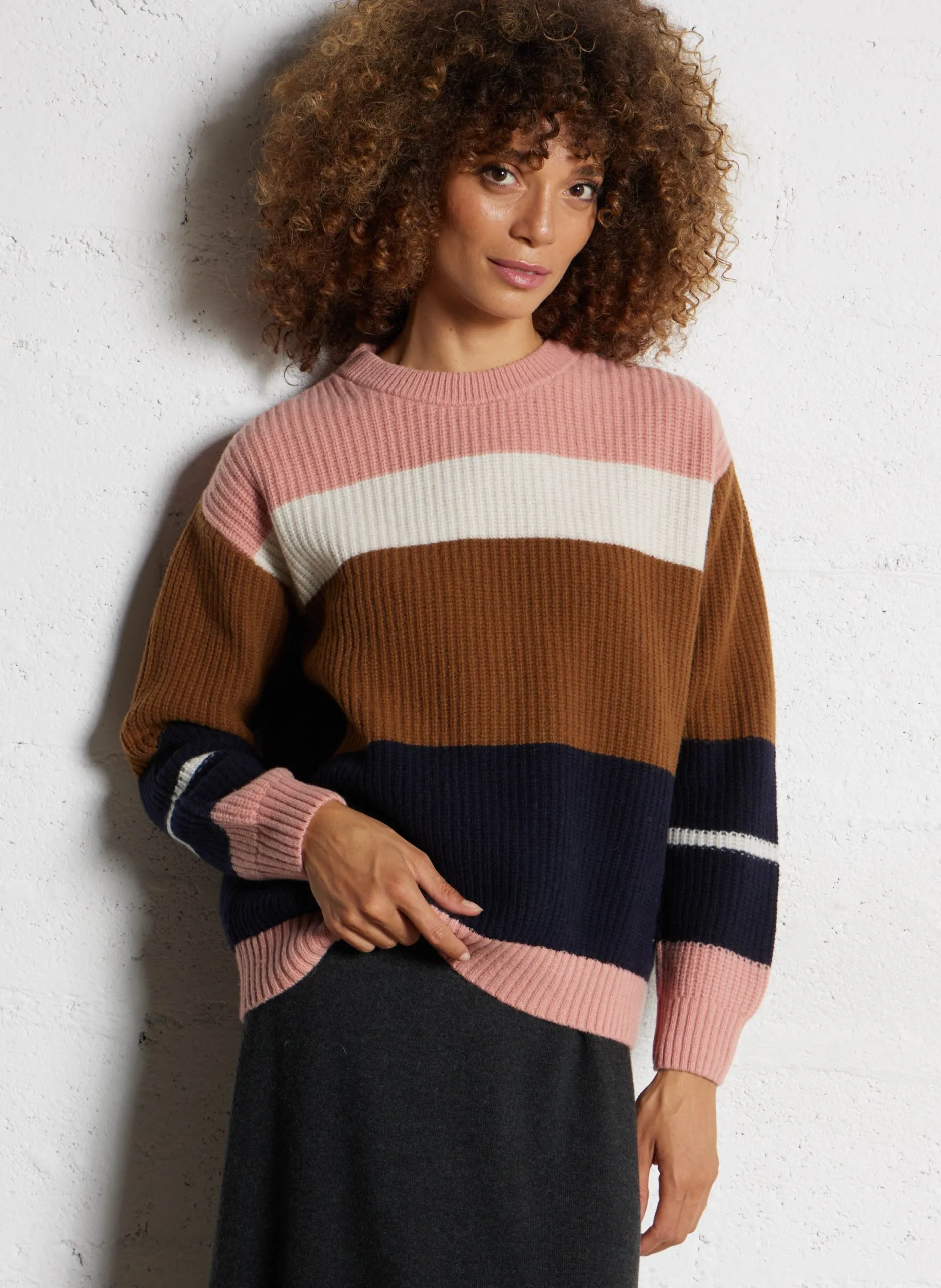 Gestreifter Pullover mit Rundhalsausschnitt aus Wollmix Braun DEAUVILLE