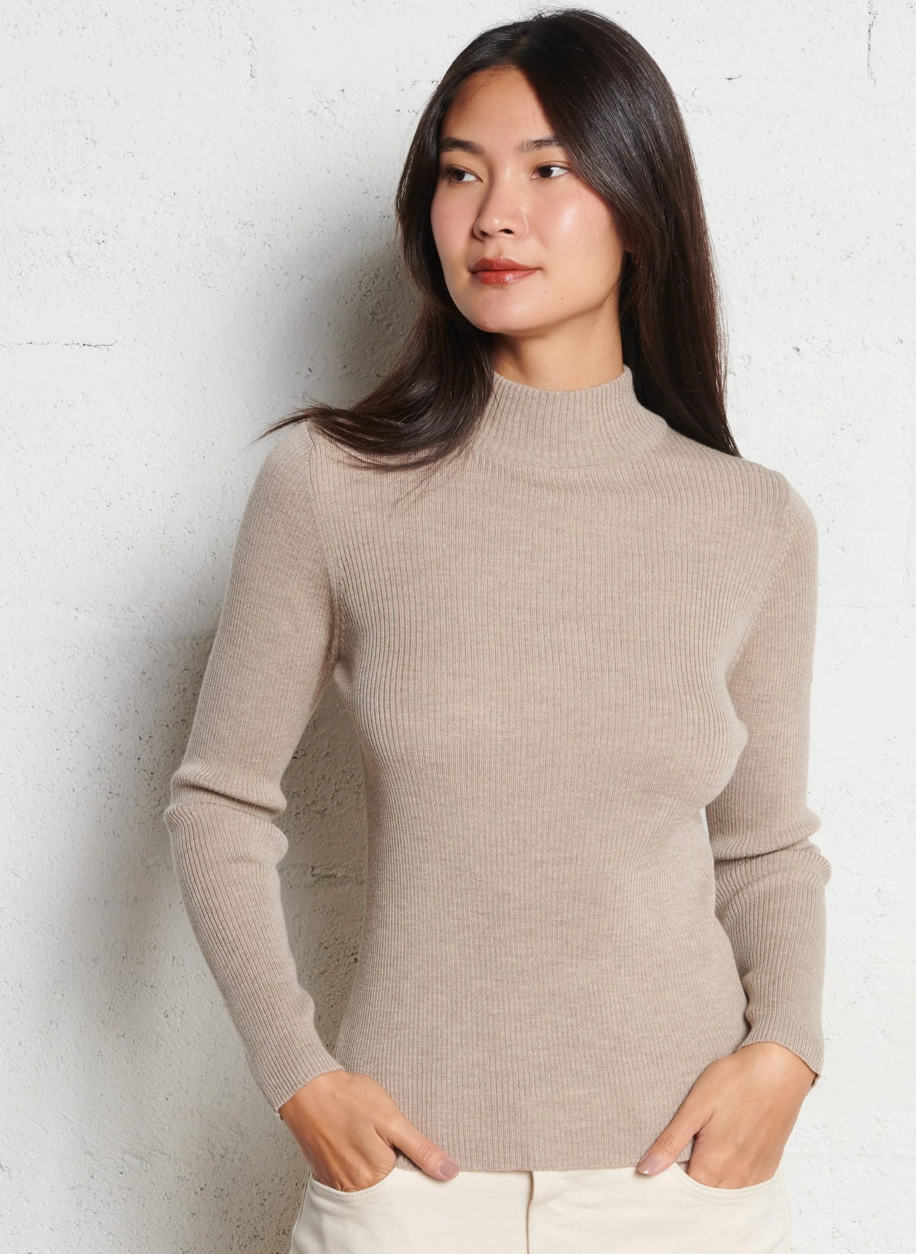 Gerippter Rollkragenpullover aus Wolle Beige COMBOURG