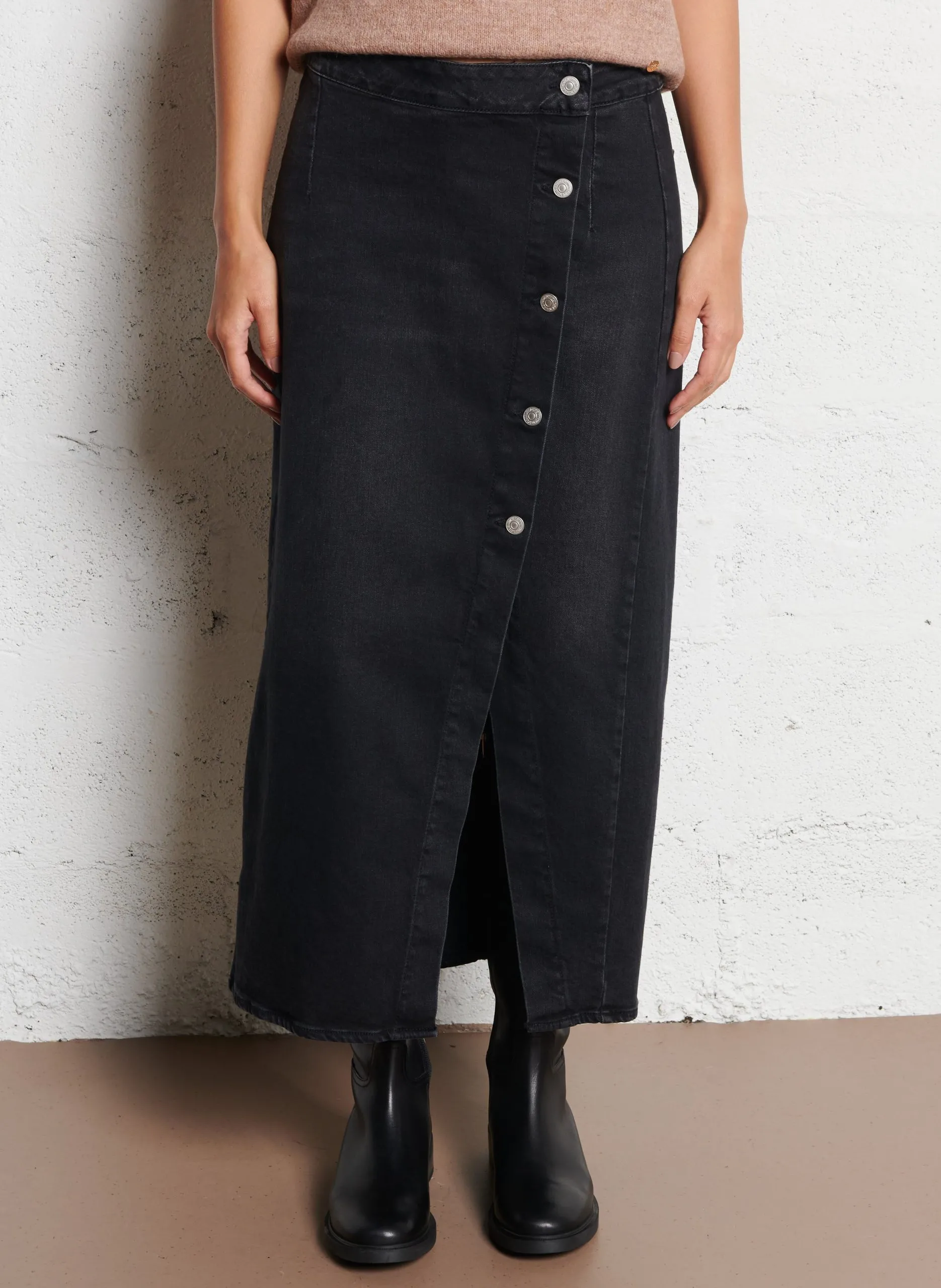 Langer Rock aus gemischter Baumwolldenim Schwarz RAPHI