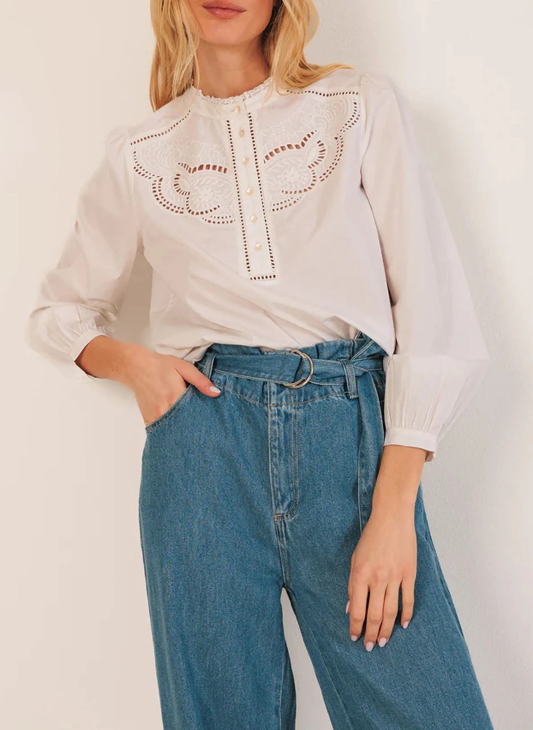 Baumwollbluse mit Rundhalsausschnitt Weiss