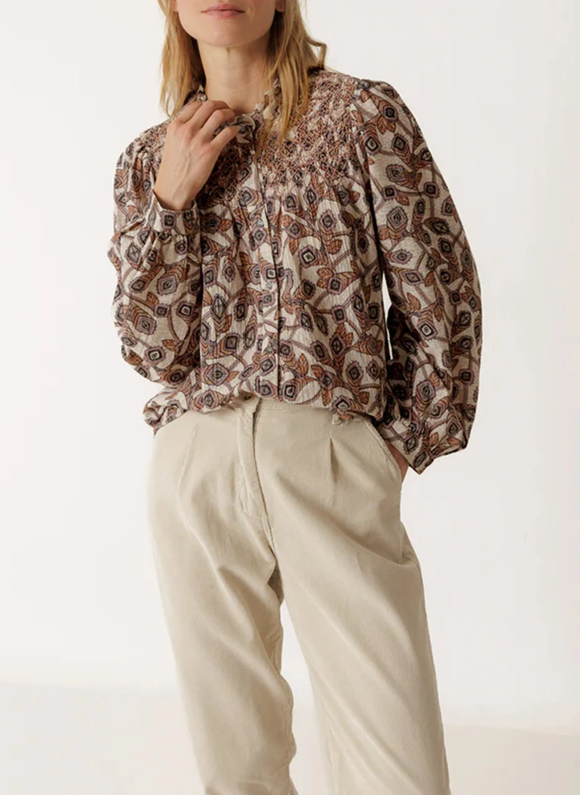 Weite Baumwollbluse mit Mao-Kragen Beige ZOE